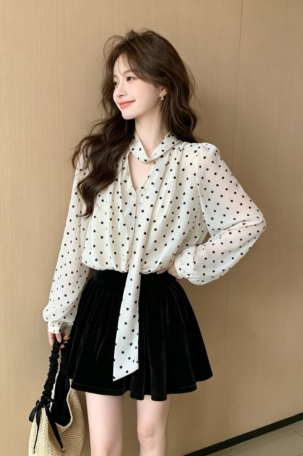 프랑스식 도트 무늬 리본 V넥 긴팔 여성 셔츠 가을 겨울 순수한 욕망 바람 스택 착용 고급 센스 명문 여성 쉬폰 블라우스 맨위 이미지 6