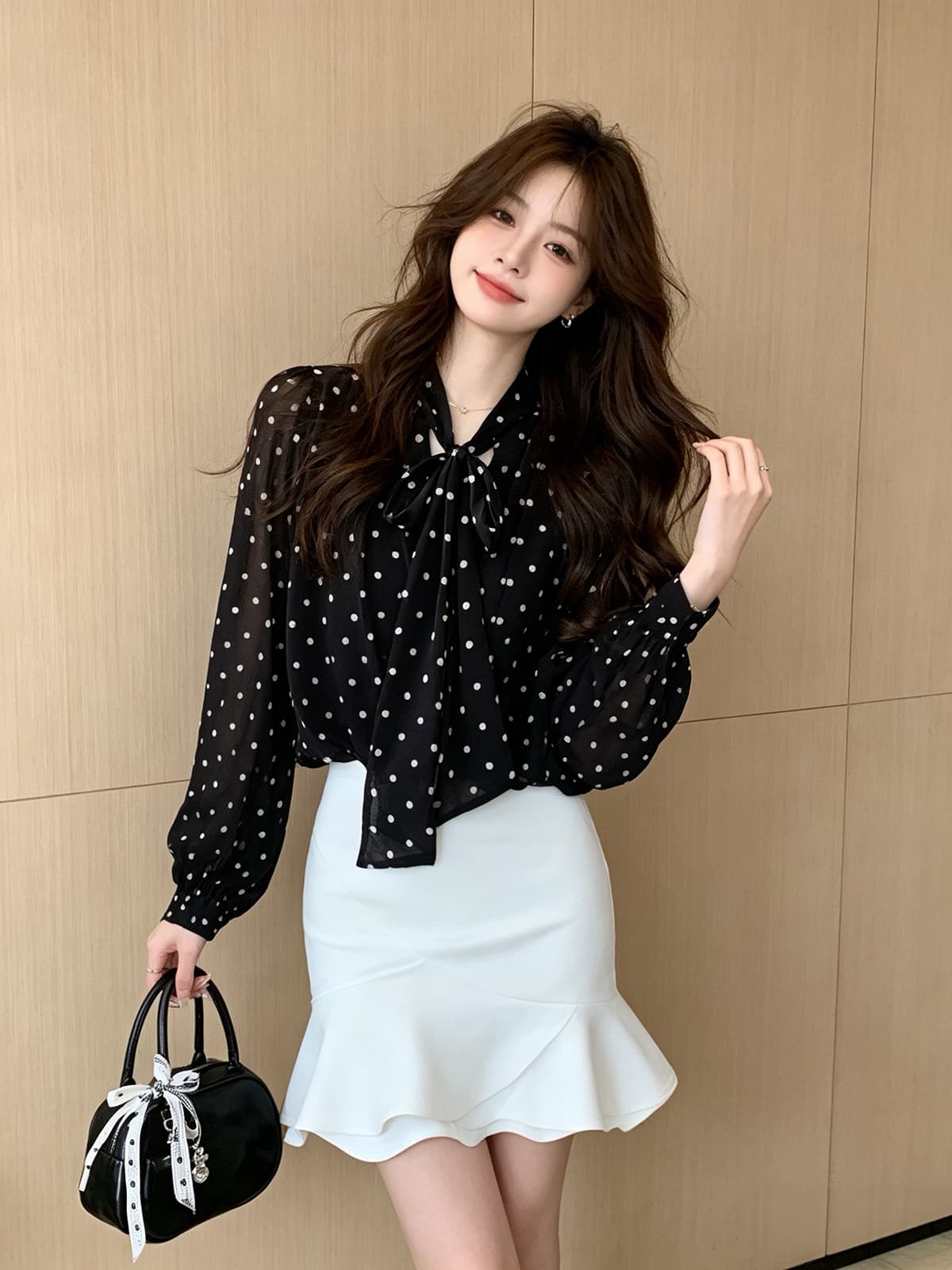 프랑스식 도트 무늬 리본 V넥 긴팔 여성 셔츠 가을 겨울 순수한 욕망 바람 스택 착용 고급 센스 명문 여성 쉬폰 블라우스 맨위 상세 이미지 7