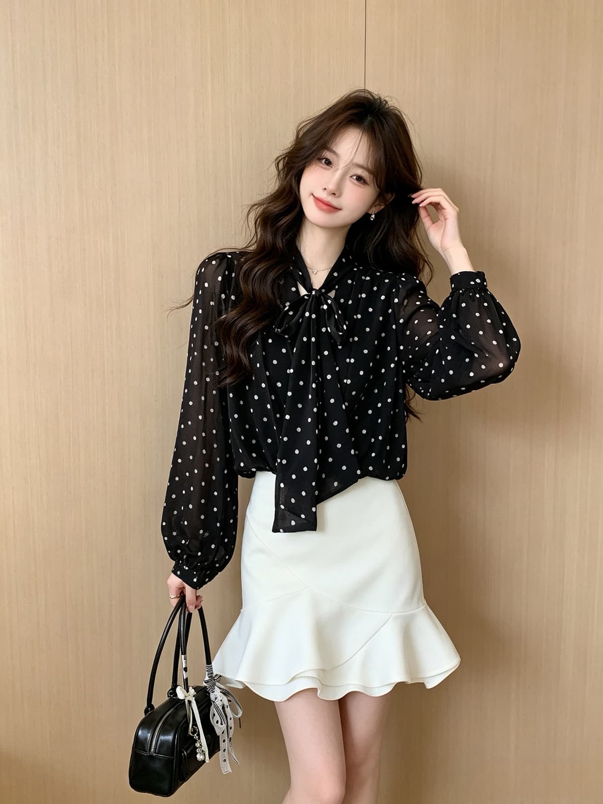 프랑스식 도트 무늬 리본 V넥 긴팔 여성 셔츠 가을 겨울 순수한 욕망 바람 스택 착용 고급 센스 명문 여성 쉬폰 블라우스 맨위 상세 이미지 8