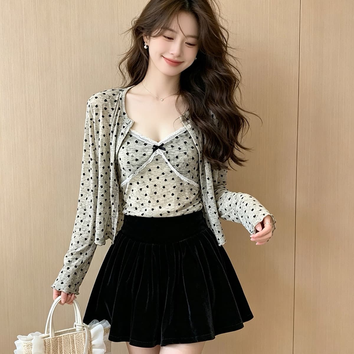 한 은 식물 플러시 원단 한국 스타일 순수한 욕망 바람 하트 도트 무늬 레이스 캐미솔 새로운 오픈 가디건 맨위 두 조각 이미지 5
