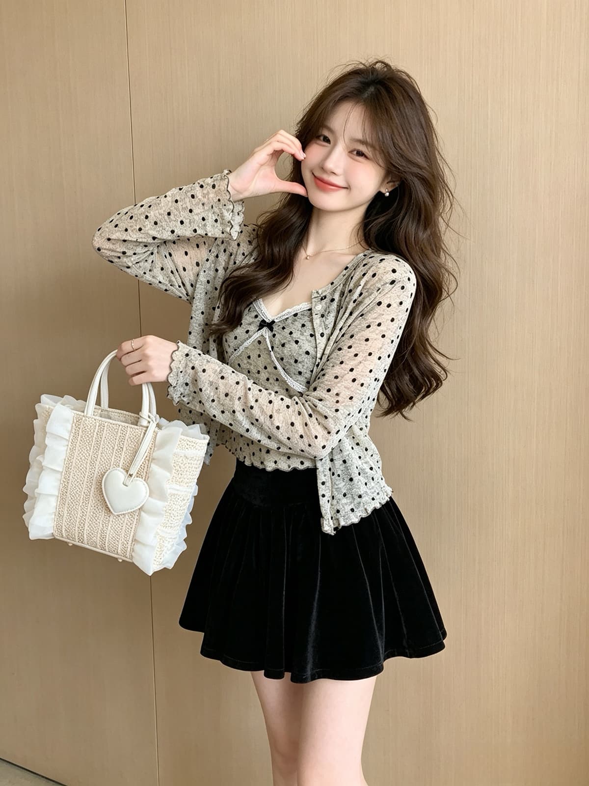 한 은 식물 플러시 원단 한국 스타일 순수한 욕망 바람 하트 도트 무늬 레이스 캐미솔 새로운 오픈 가디건 맨위 두 조각 상세 이미지 2