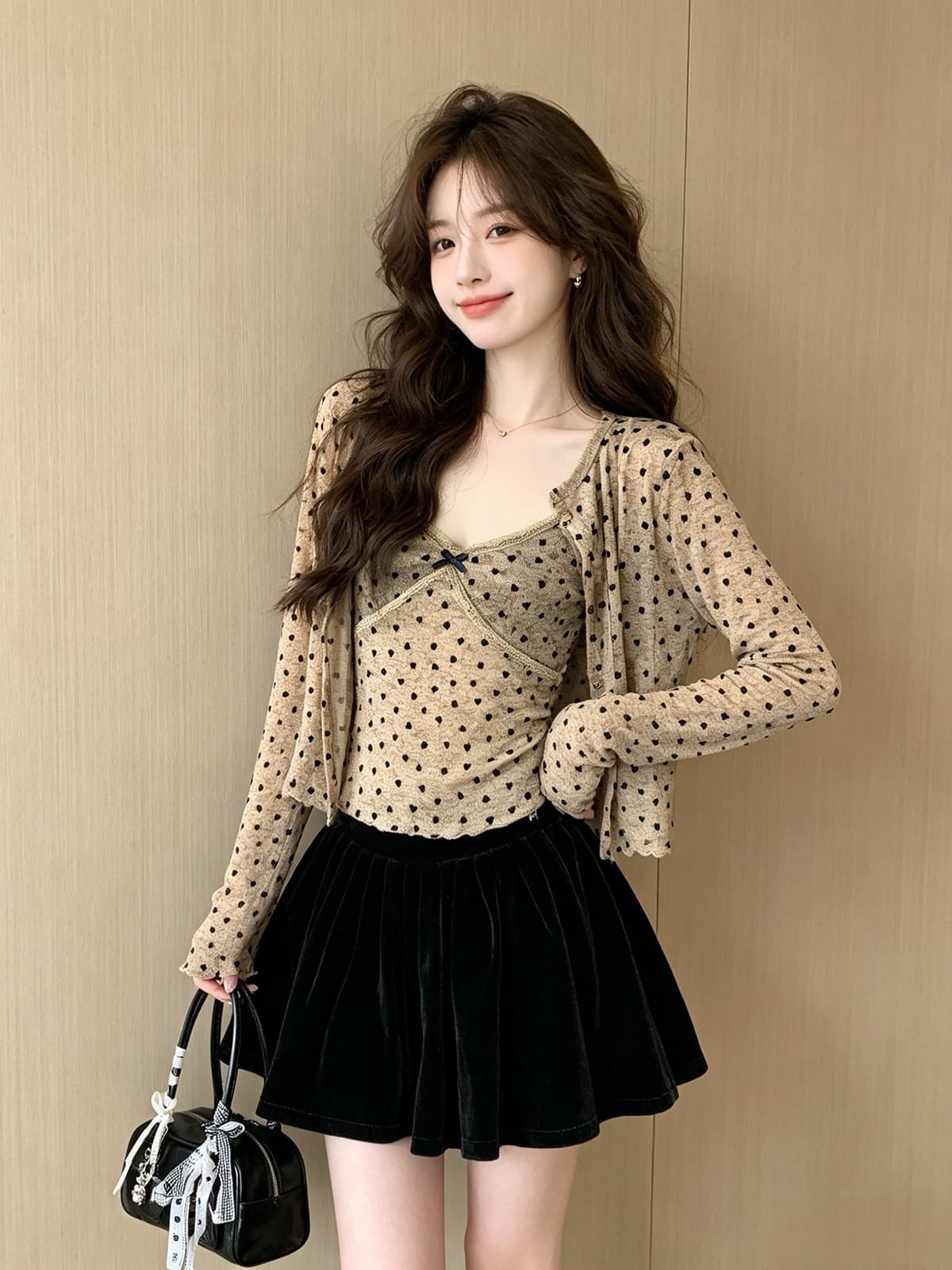 한 은 식물 플러시 원단 한국 스타일 순수한 욕망 바람 하트 도트 무늬 레이스 캐미솔 새로운 오픈 가디건 맨위 두 조각 상세 이미지 3