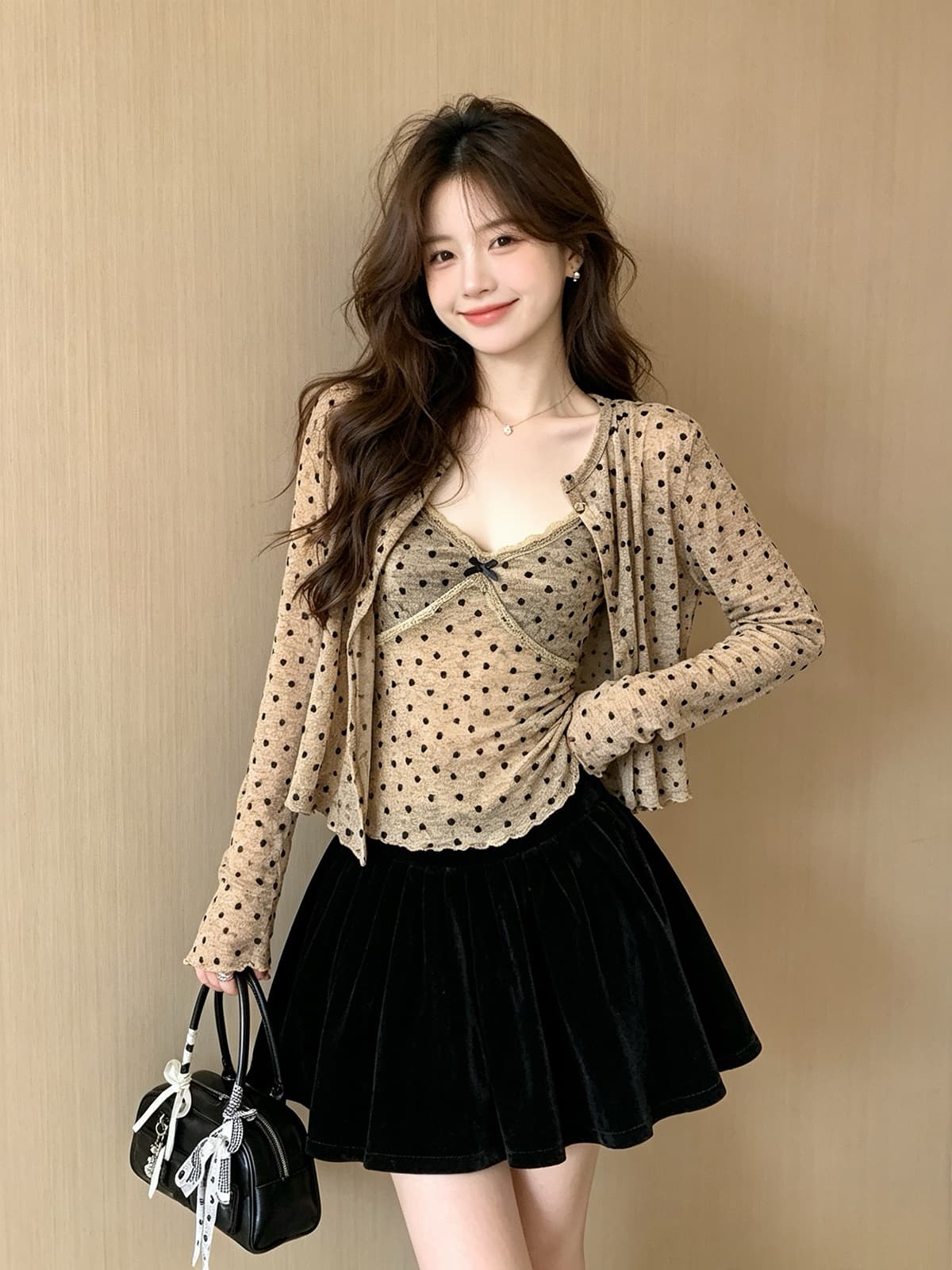 한 은 식물 플러시 원단 한국 스타일 순수한 욕망 바람 하트 도트 무늬 레이스 캐미솔 새로운 오픈 가디건 맨위 두 조각 상세 이미지 4