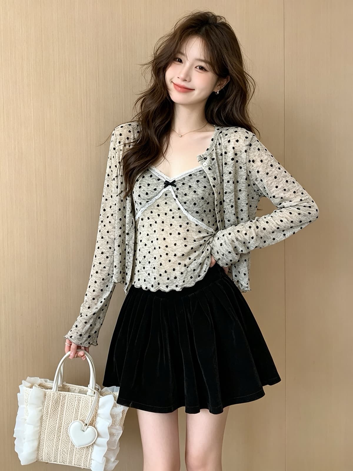 한 은 식물 플러시 원단 한국 스타일 순수한 욕망 바람 하트 도트 무늬 레이스 캐미솔 새로운 오픈 가디건 맨위 두 조각 상세 이미지 7