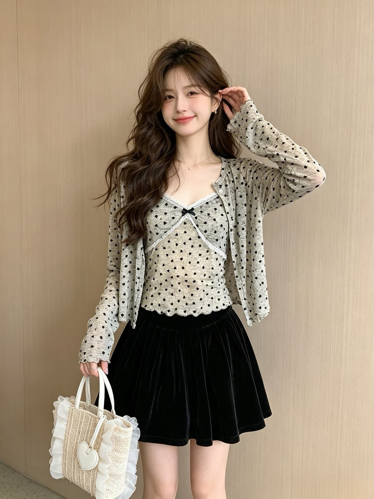 한 은 식물 플러시 원단 한국 스타일 순수한 욕망 바람 하트 도트 무늬 레이스 캐미솔 새로운 오픈 가디건 맨위 두 조각 상세 이미지 8