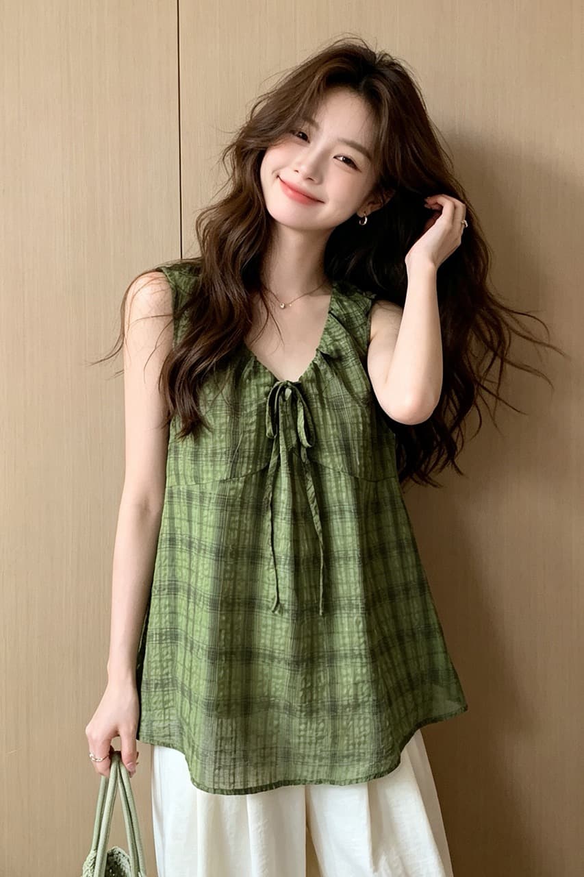 레트로 체크무늬 조끼 여성 여름 2026 새로운 한 부서 패션 루즈핏 레이스업 외국 가스 다용도 얇은 스타일 맨위 이미지 6