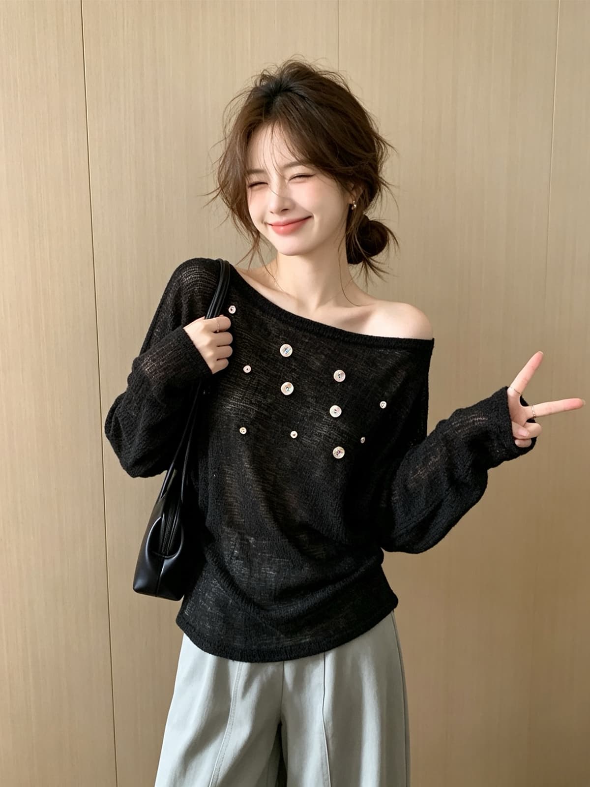 익스트림 제인 바람 조개 버클 오프숄더 마이크로 ~을 통해 긴팔 티셔츠 느긋한 바람 작은 심장 기계 니트 스웨터 자외선 차단 스택 착용 맨위