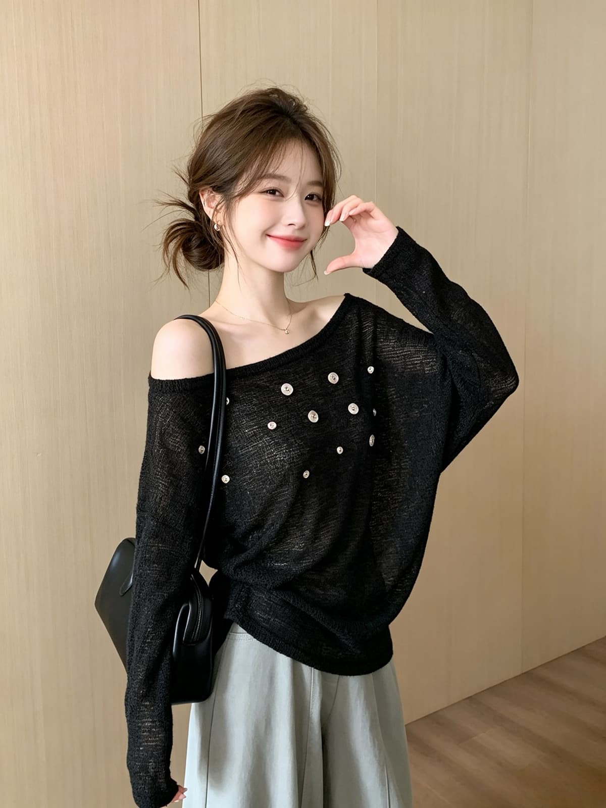 익스트림 제인 바람 조개 버클 오프숄더 마이크로 ~을 통해 긴팔 티셔츠 느긋한 바람 작은 심장 기계 니트 스웨터 자외선 차단 스택 착용 맨위 이미지 4