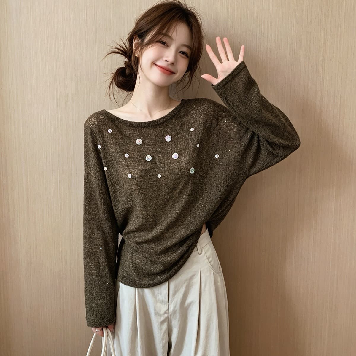 익스트림 제인 바람 조개 버클 오프숄더 마이크로 ~을 통해 긴팔 티셔츠 느긋한 바람 작은 심장 기계 니트 스웨터 자외선 차단 스택 착용 맨위 이미지 5