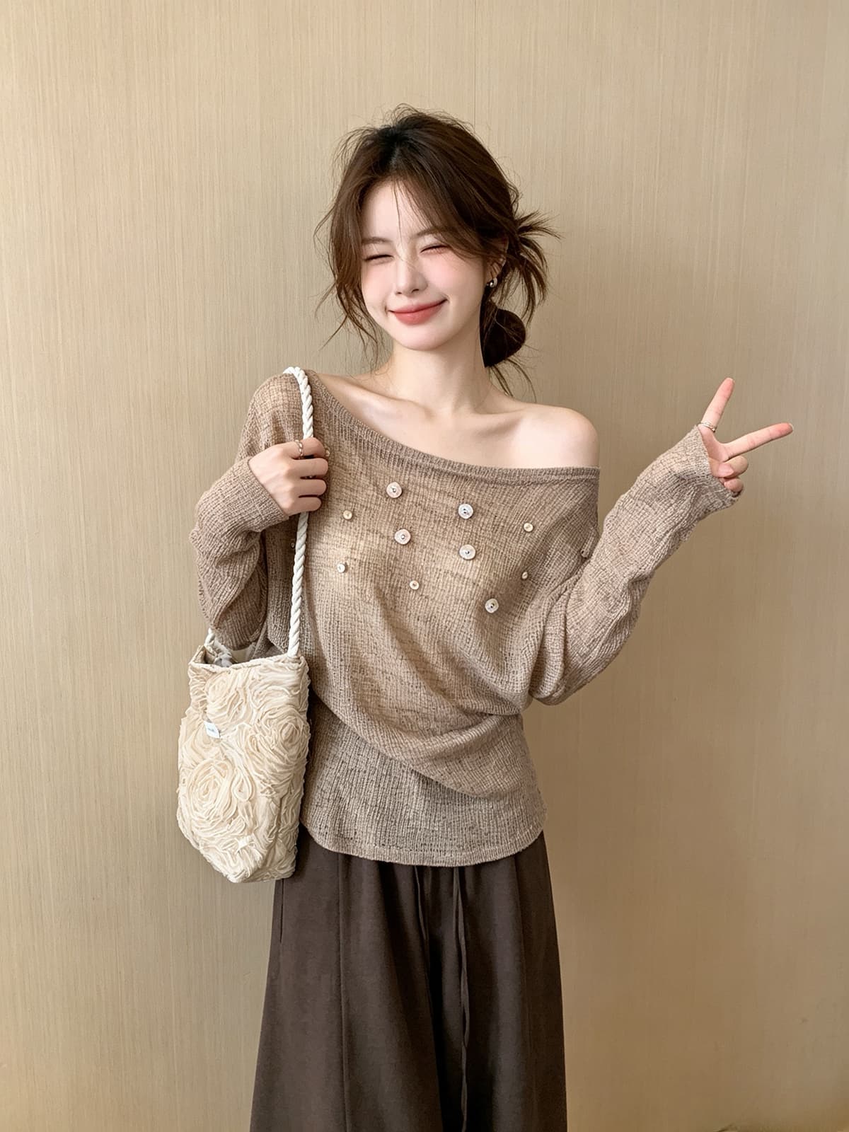익스트림 제인 바람 조개 버클 오프숄더 마이크로 ~을 통해 긴팔 티셔츠 느긋한 바람 작은 심장 기계 니트 스웨터 자외선 차단 스택 착용 맨위 상세 이미지 3