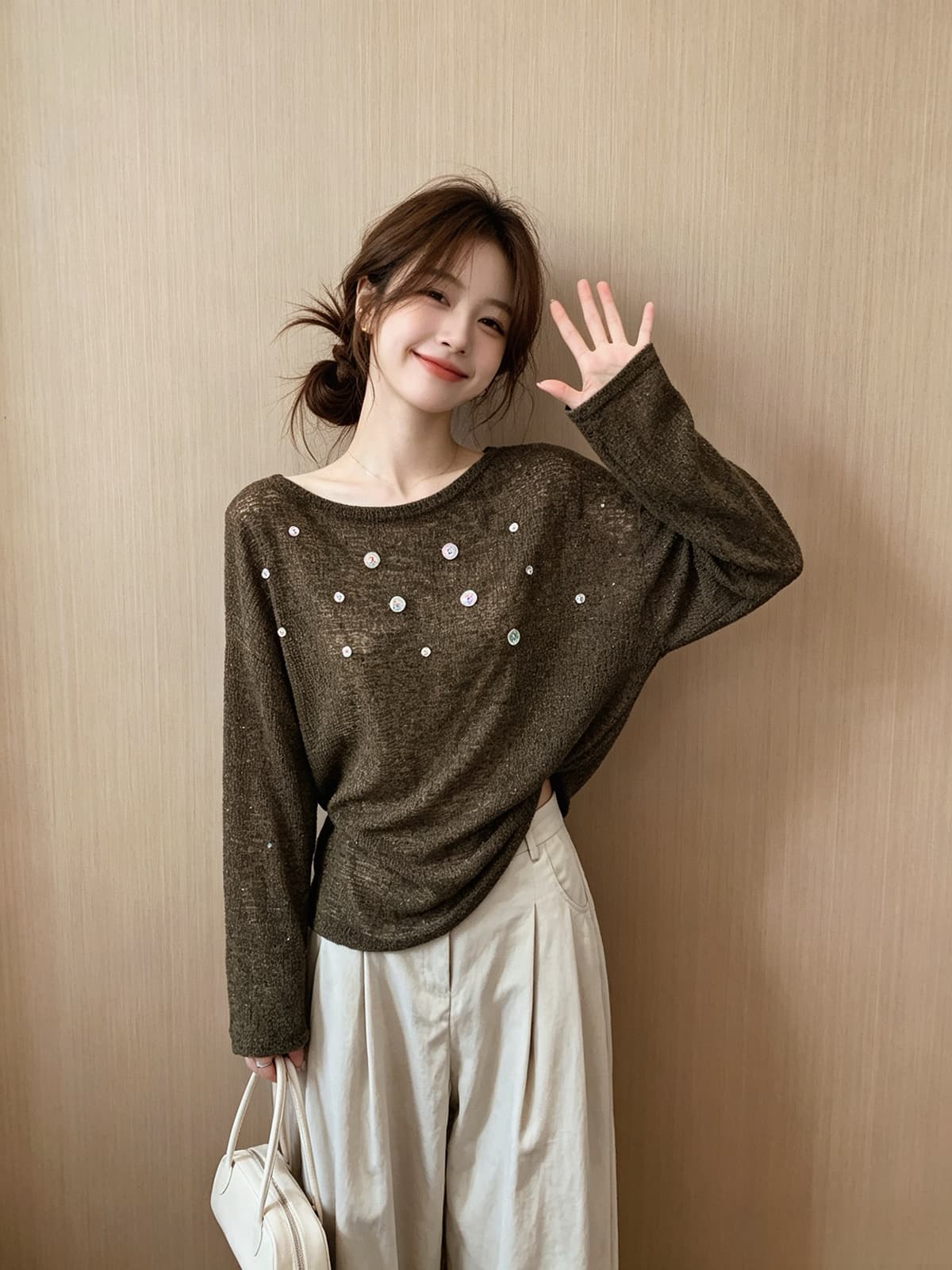 익스트림 제인 바람 조개 버클 오프숄더 마이크로 ~을 통해 긴팔 티셔츠 느긋한 바람 작은 심장 기계 니트 스웨터 자외선 차단 스택 착용 맨위 상세 이미지 4
