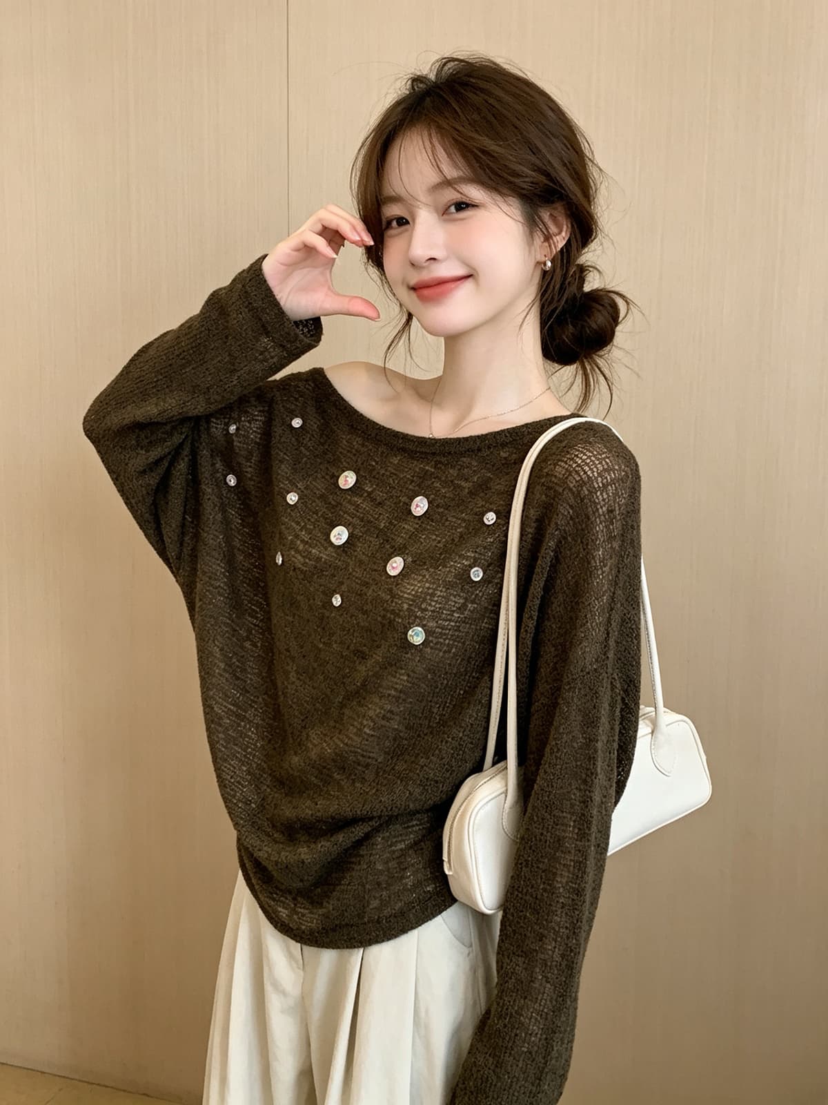 익스트림 제인 바람 조개 버클 오프숄더 마이크로 ~을 통해 긴팔 티셔츠 느긋한 바람 작은 심장 기계 니트 스웨터 자외선 차단 스택 착용 맨위 상세 이미지 5