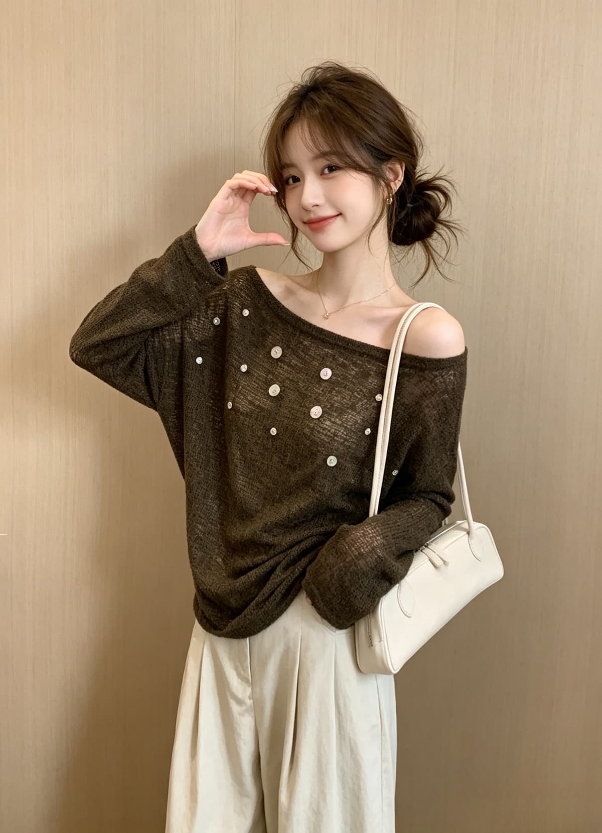 익스트림 제인 바람 조개 버클 오프숄더 마이크로 ~을 통해 긴팔 티셔츠 느긋한 바람 작은 심장 기계 니트 스웨터 자외선 차단 스택 착용 맨위 상세 이미지 6