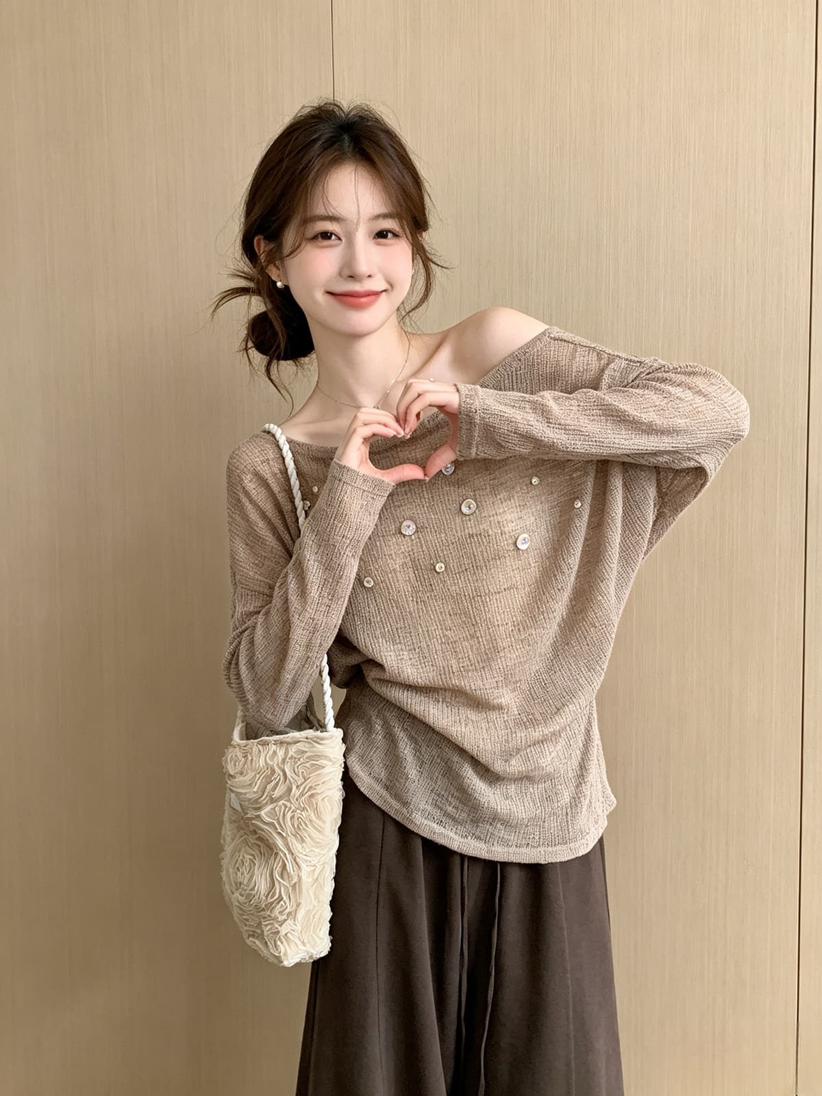 익스트림 제인 바람 조개 버클 오프숄더 마이크로 ~을 통해 긴팔 티셔츠 느긋한 바람 작은 심장 기계 니트 스웨터 자외선 차단 스택 착용 맨위 상세 이미지 8