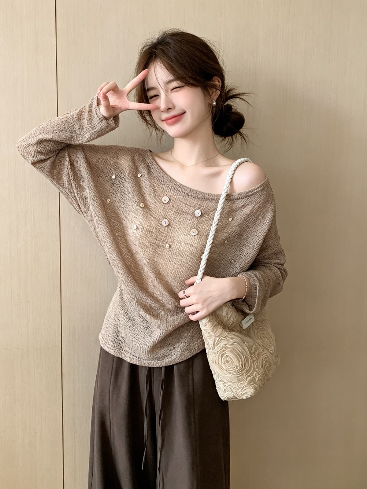 익스트림 제인 바람 조개 버클 오프숄더 마이크로 ~을 통해 긴팔 티셔츠 느긋한 바람 작은 심장 기계 니트 스웨터 자외선 차단 스택 착용 맨위 상세 이미지 9