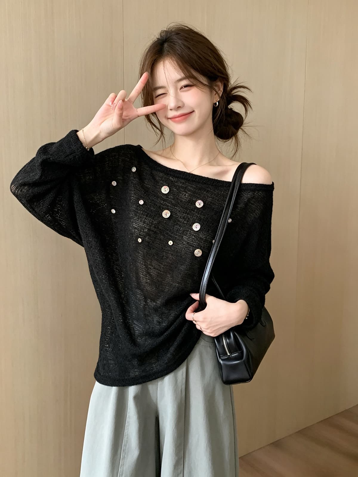 익스트림 제인 바람 조개 버클 오프숄더 마이크로 ~을 통해 긴팔 티셔츠 느긋한 바람 작은 심장 기계 니트 스웨터 자외선 차단 스택 착용 맨위 상세 이미지 11