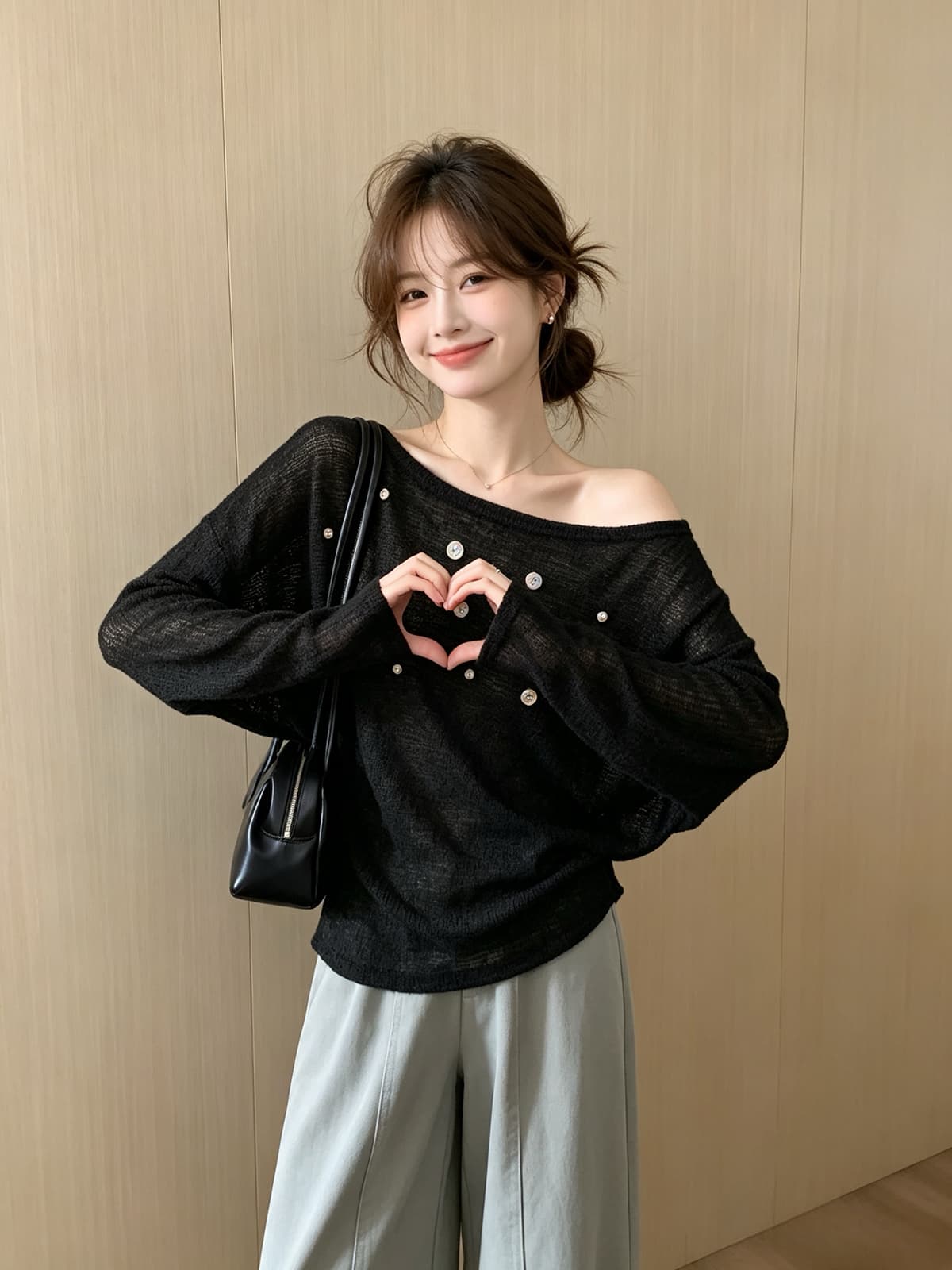 익스트림 제인 바람 조개 버클 오프숄더 마이크로 ~을 통해 긴팔 티셔츠 느긋한 바람 작은 심장 기계 니트 스웨터 자외선 차단 스택 착용 맨위 상세 이미지 12