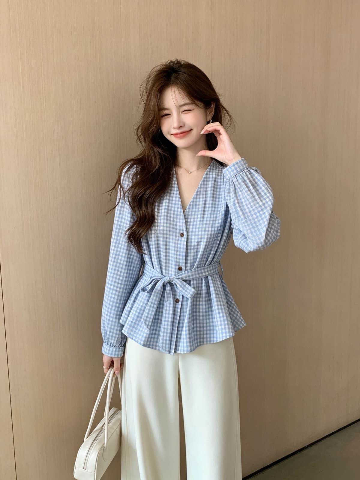 빛 요리 한 항구 바람 빨간색 체크무늬 허리 수축 여성 셔츠 가을 외출용 행침 목 리본 긴팔 조끼 베스트 맨위 서비스 상세 이미지 2