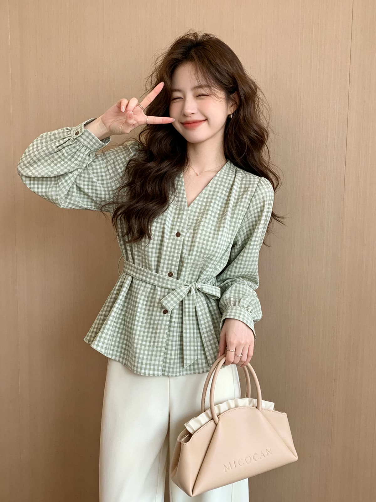 빛 요리 한 항구 바람 빨간색 체크무늬 허리 수축 여성 셔츠 가을 외출용 행침 목 리본 긴팔 조끼 베스트 맨위 서비스 상세 이미지 8