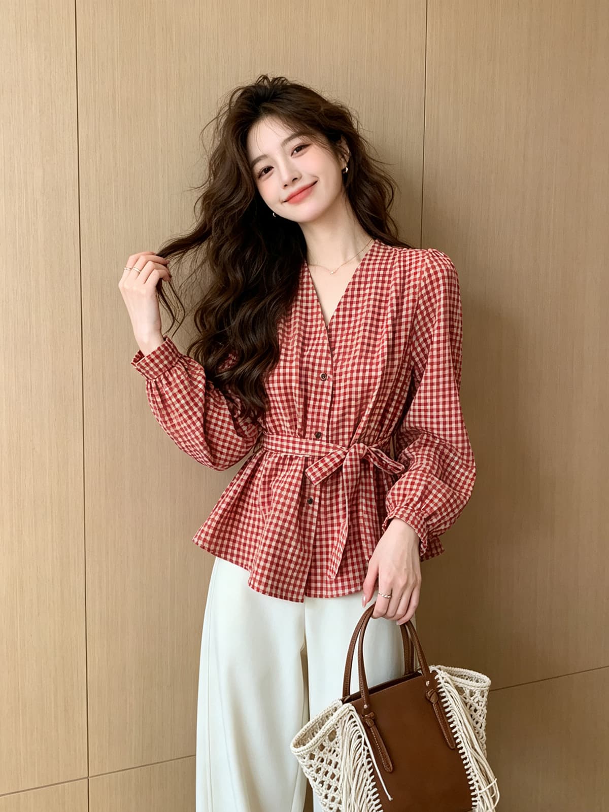빛 요리 한 항구 바람 빨간색 체크무늬 허리 수축 여성 셔츠 가을 외출용 행침 목 리본 긴팔 조끼 베스트 맨위 서비스 상세 이미지 10