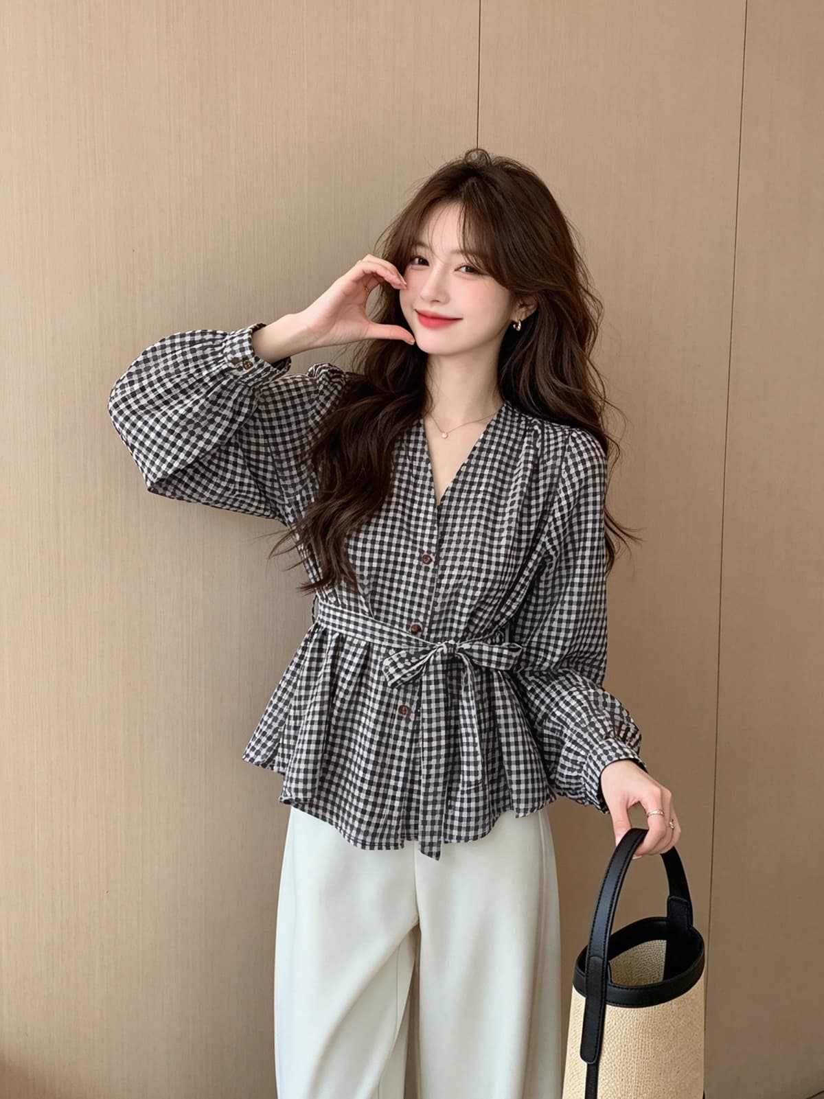 빛 요리 한 항구 바람 빨간색 체크무늬 허리 수축 여성 셔츠 가을 외출용 행침 목 리본 긴팔 조끼 베스트 맨위 서비스 상세 이미지 14