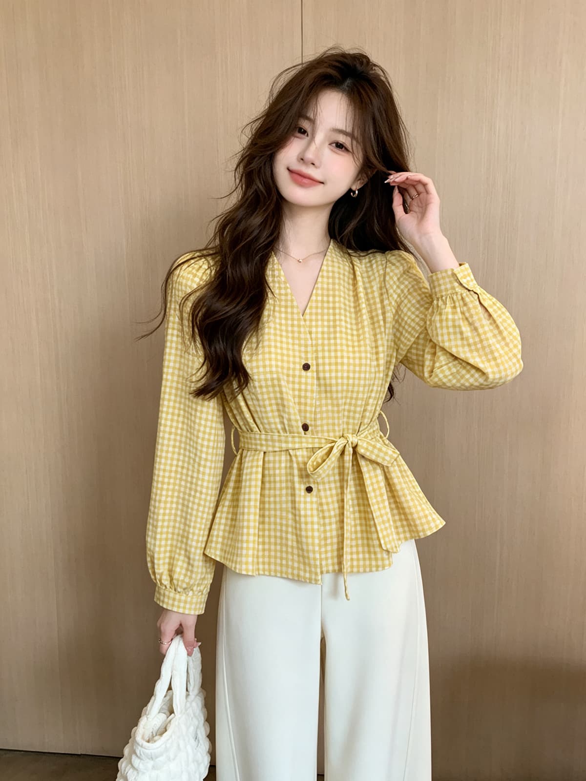 빛 요리 한 항구 바람 빨간색 체크무늬 허리 수축 여성 셔츠 가을 외출용 행침 목 리본 긴팔 조끼 베스트 맨위 서비스 상세 이미지 17