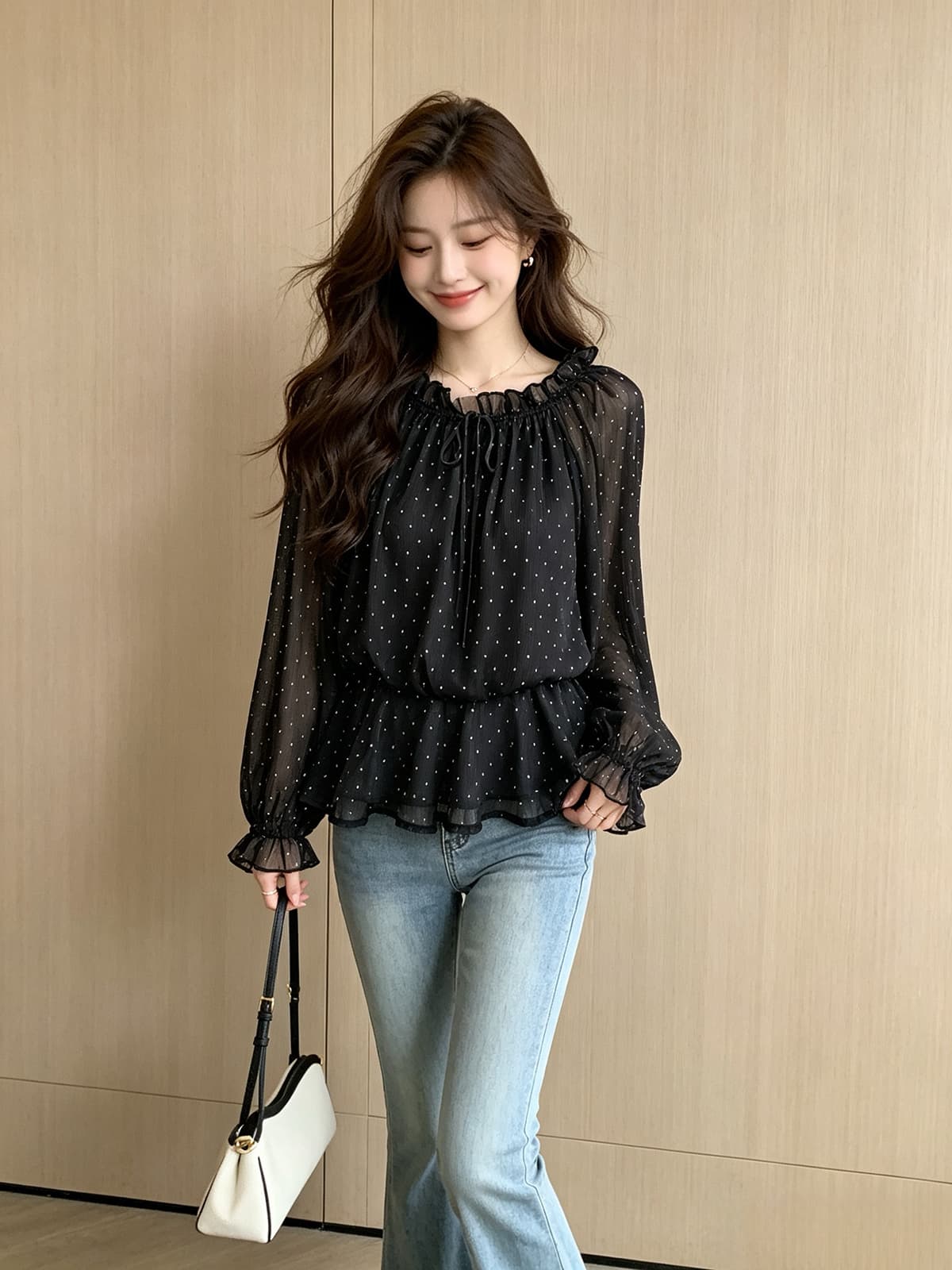 홍콩 스타일 레트로 스타일 프린트 쉬폰 긴팔 셔츠 가을 새로운 고급 센스 오프숄더 라운드 넥 스택 착용 맨위 여성 상세 이미지 8