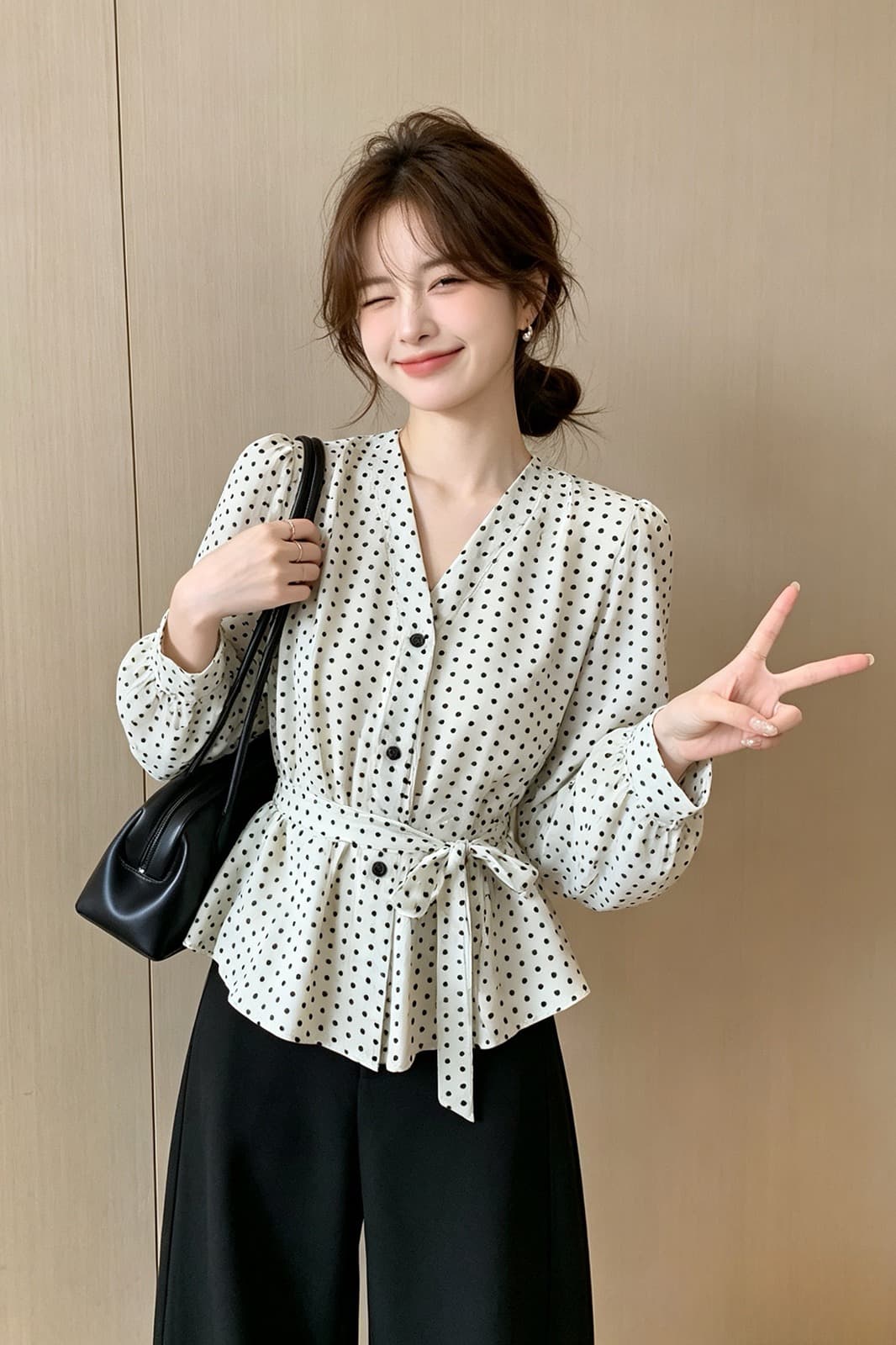 항구 바람 착용 가져 가라. 스트랩 허리 수축 도트 무늬 긴팔 셔츠 여자 2026 가을 세련된 Chic 아름다운 작은 셔츠 맨위 이미지 6