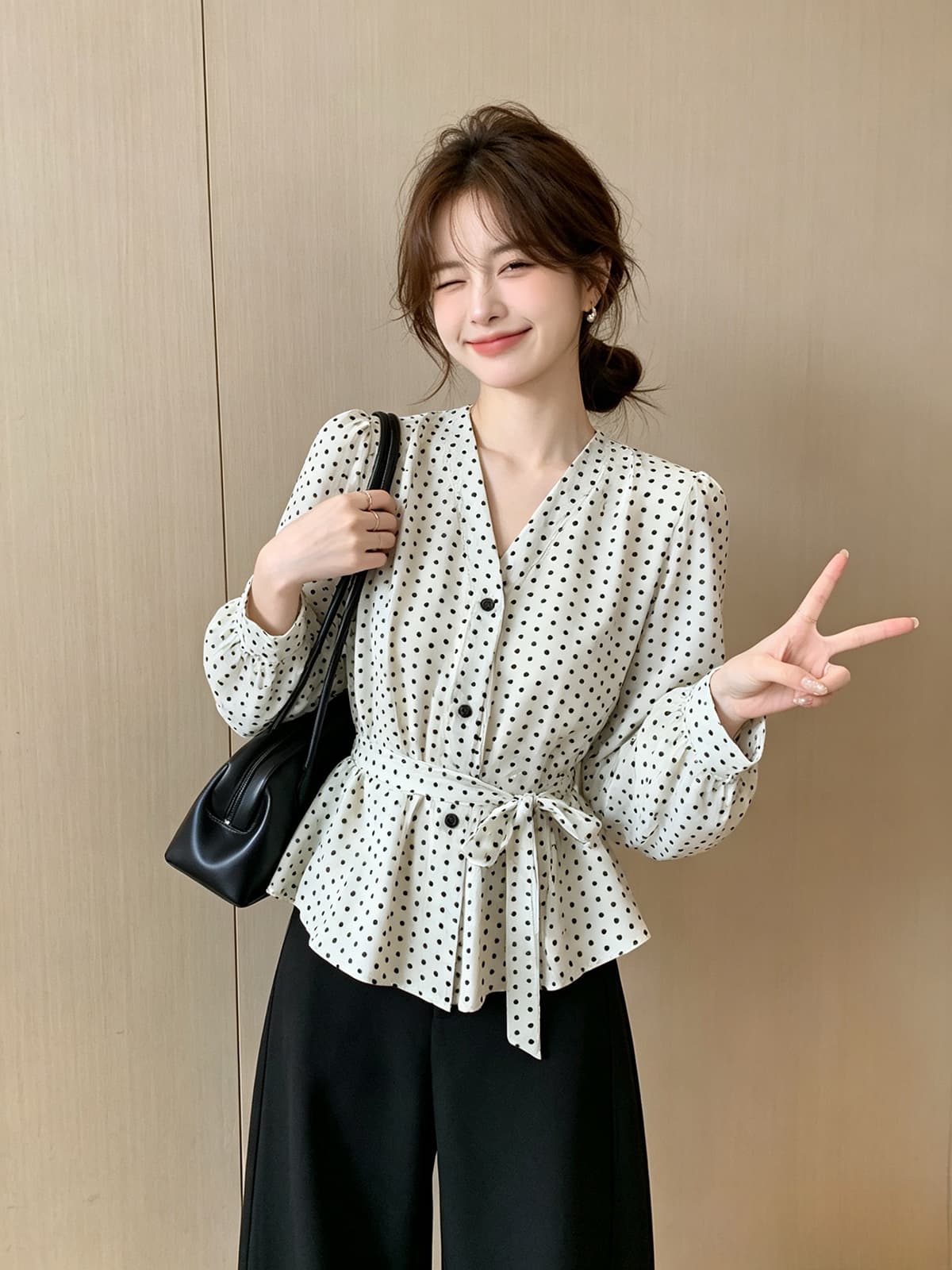 항구 바람 착용 가져 가라. 스트랩 허리 수축 도트 무늬 긴팔 셔츠 여자 2026 가을 세련된 Chic 아름다운 작은 셔츠 맨위 상세 이미지 9