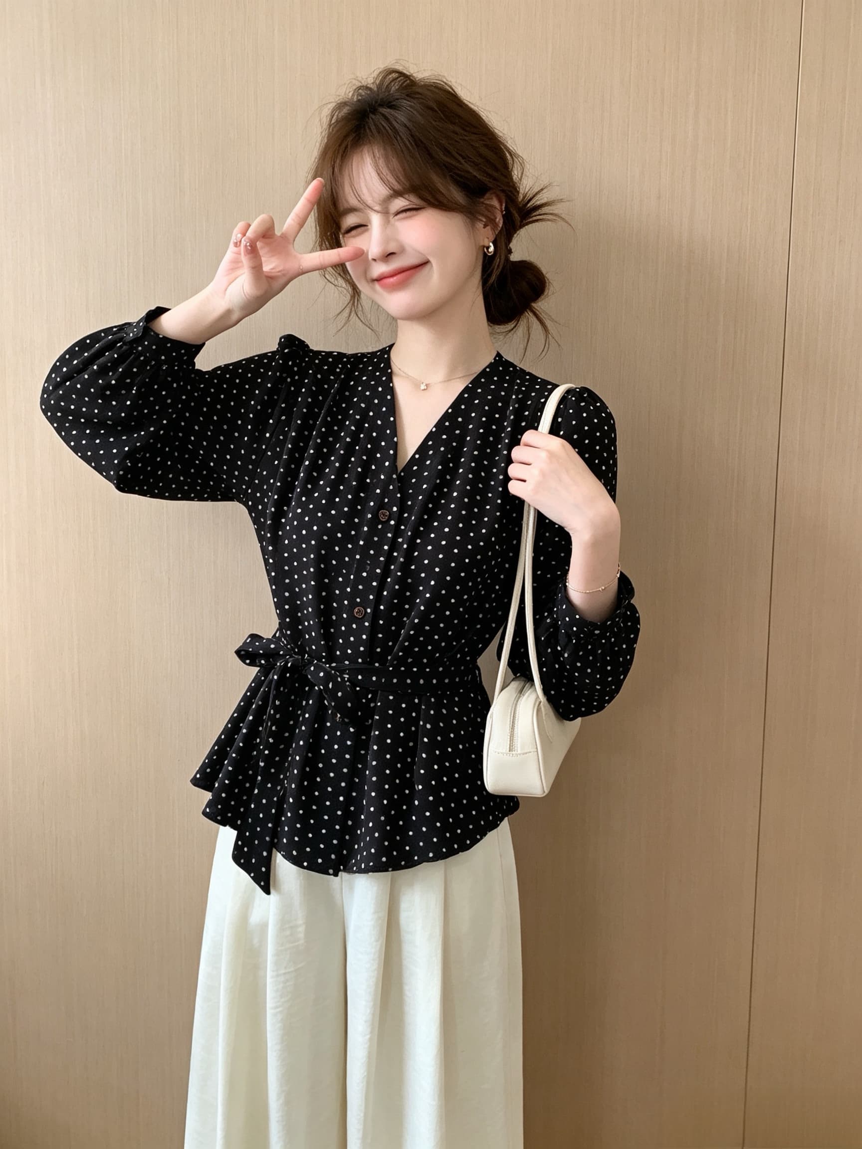 항구 바람 착용 가져 가라. 스트랩 허리 수축 도트 무늬 긴팔 셔츠 여자 2026 가을 세련된 Chic 아름다운 작은 셔츠 맨위 이미지 3