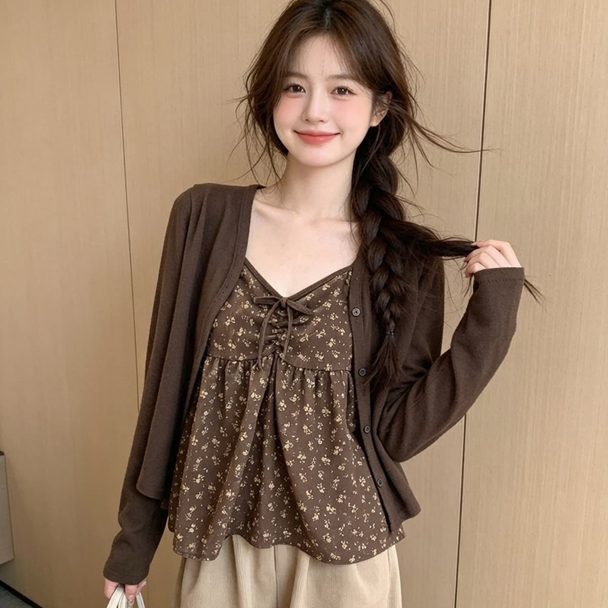 한 부서 달콤함 꽃무늬 스트랩 루즈핏 슬립 맨위 단색 외부 피 투피스 세트 가을 새로운 스택 착용 세트 여성 이미지 5