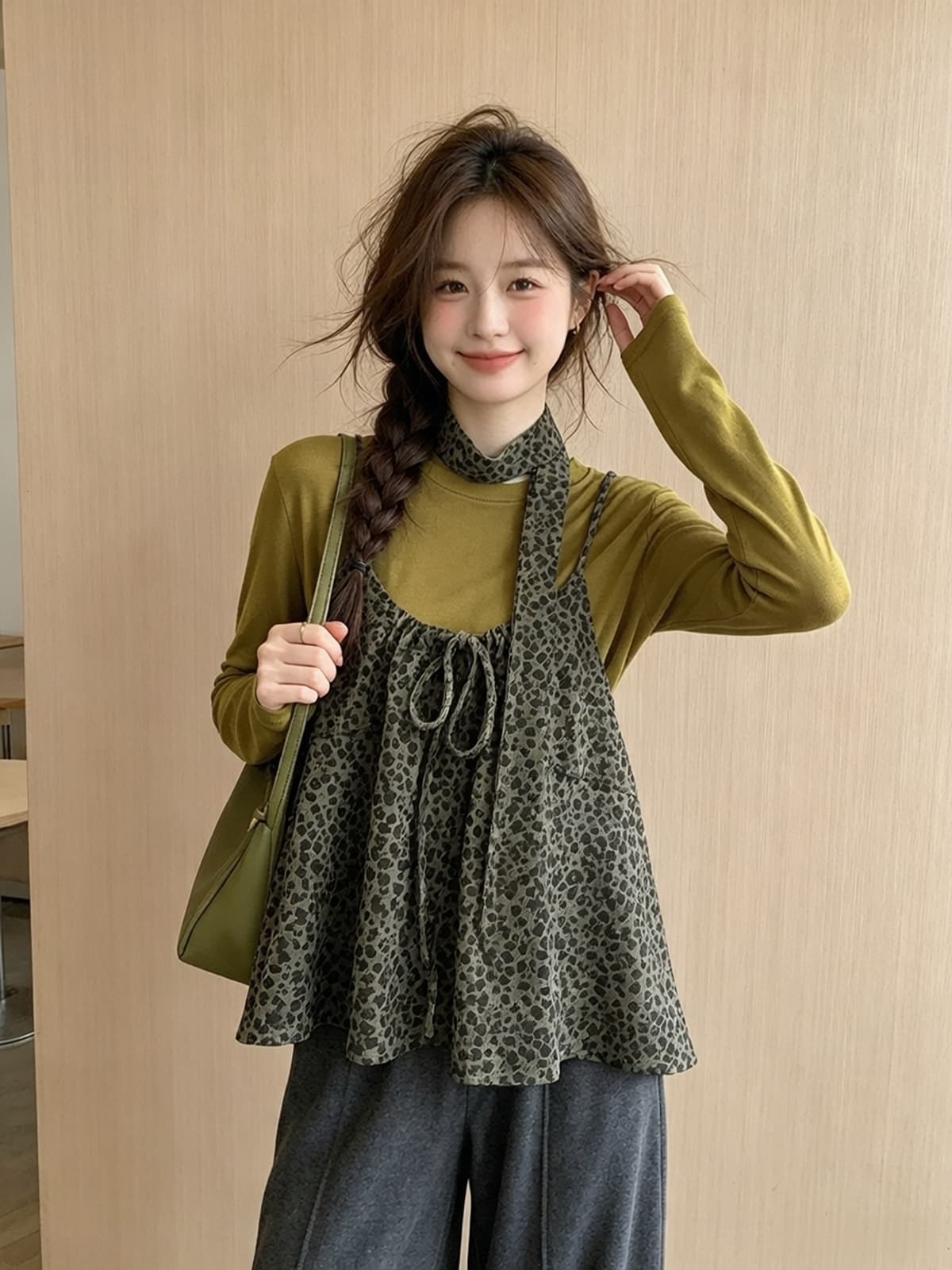 레트로 레오파드 무늬 레이스업 캐미솔 단색 티셔츠 투피스 세트 가을 새로운 패션 연령 감소 스택 착용 맨위 여성