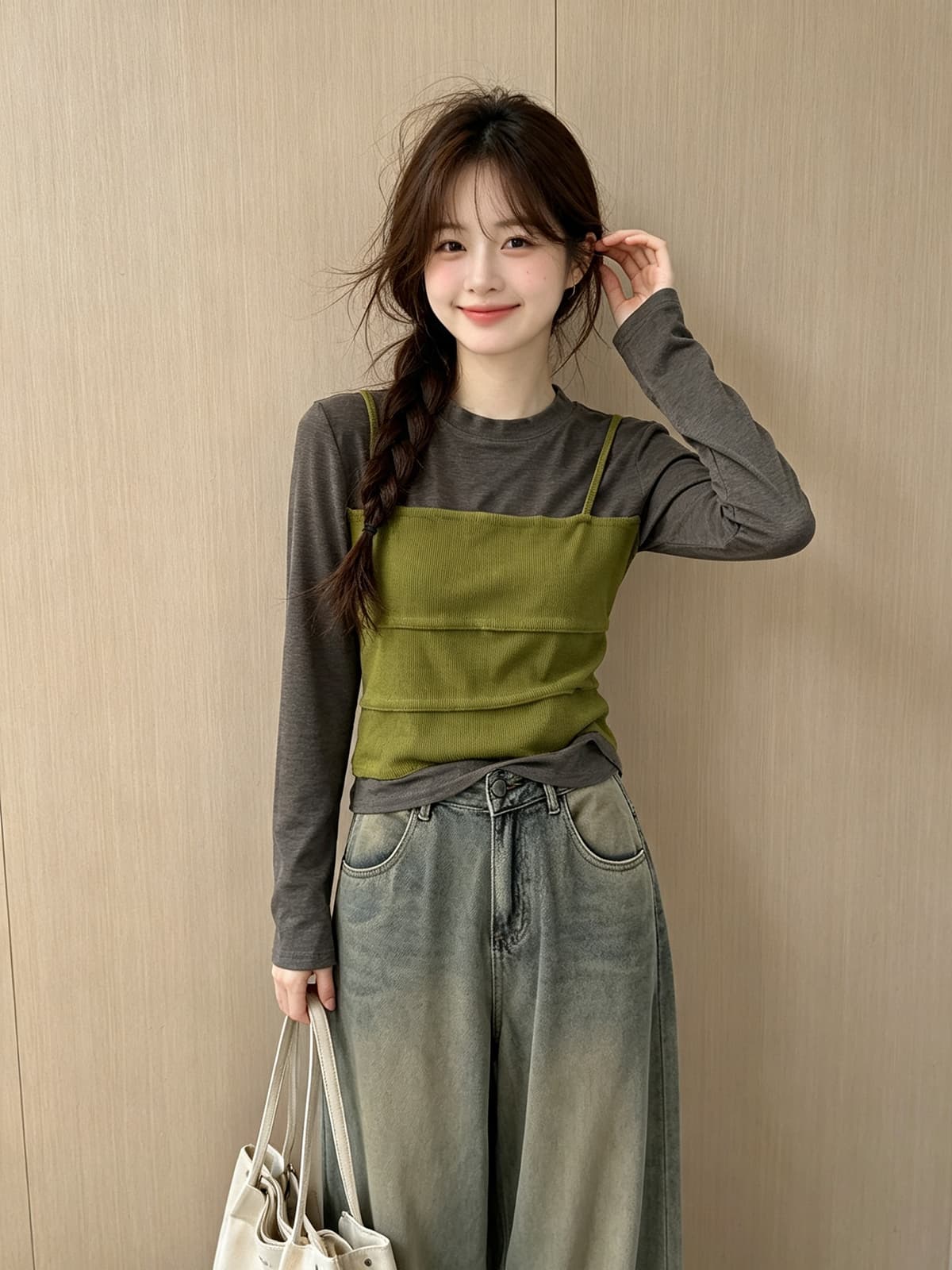 한 부서 프릴 슬립 두 조각 여성 세트 가을 새로운 스택 착용 긴팔 기본 셔츠 몸매 가꾸기 슬림해 보이는 페이크 레이어드 상세 이미지 4