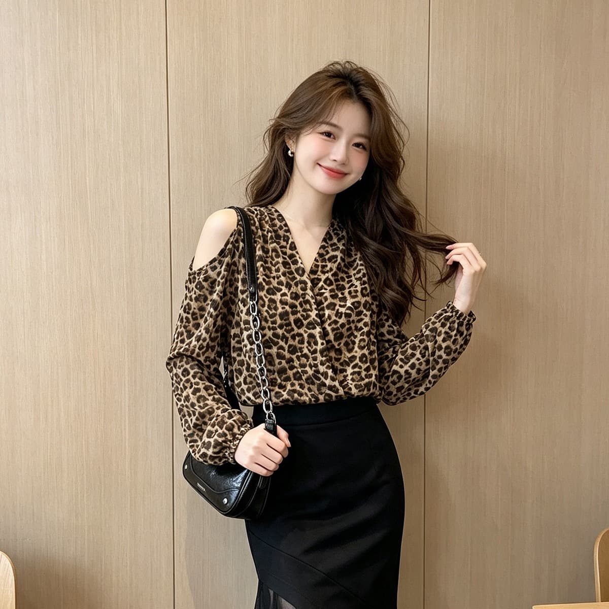 홍콩 스타일 홀로우 아웃 오프숄더 V넥 긴팔 레오파드 무늬 쉬폰 여성 셔츠 가을 새로운 허리 수축 슬림해 보이는 벌룬 소매 맨위 이미지 5