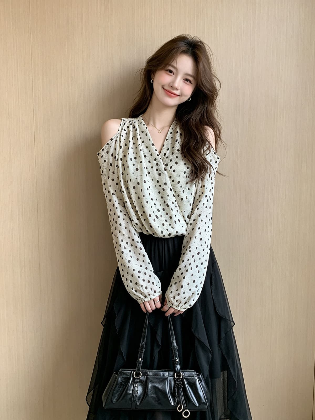 홍콩 스타일 홀로우 아웃 오프숄더 V넥 긴팔 레오파드 무늬 쉬폰 여성 셔츠 가을 새로운 허리 수축 슬림해 보이는 벌룬 소매 맨위 상세 이미지 8