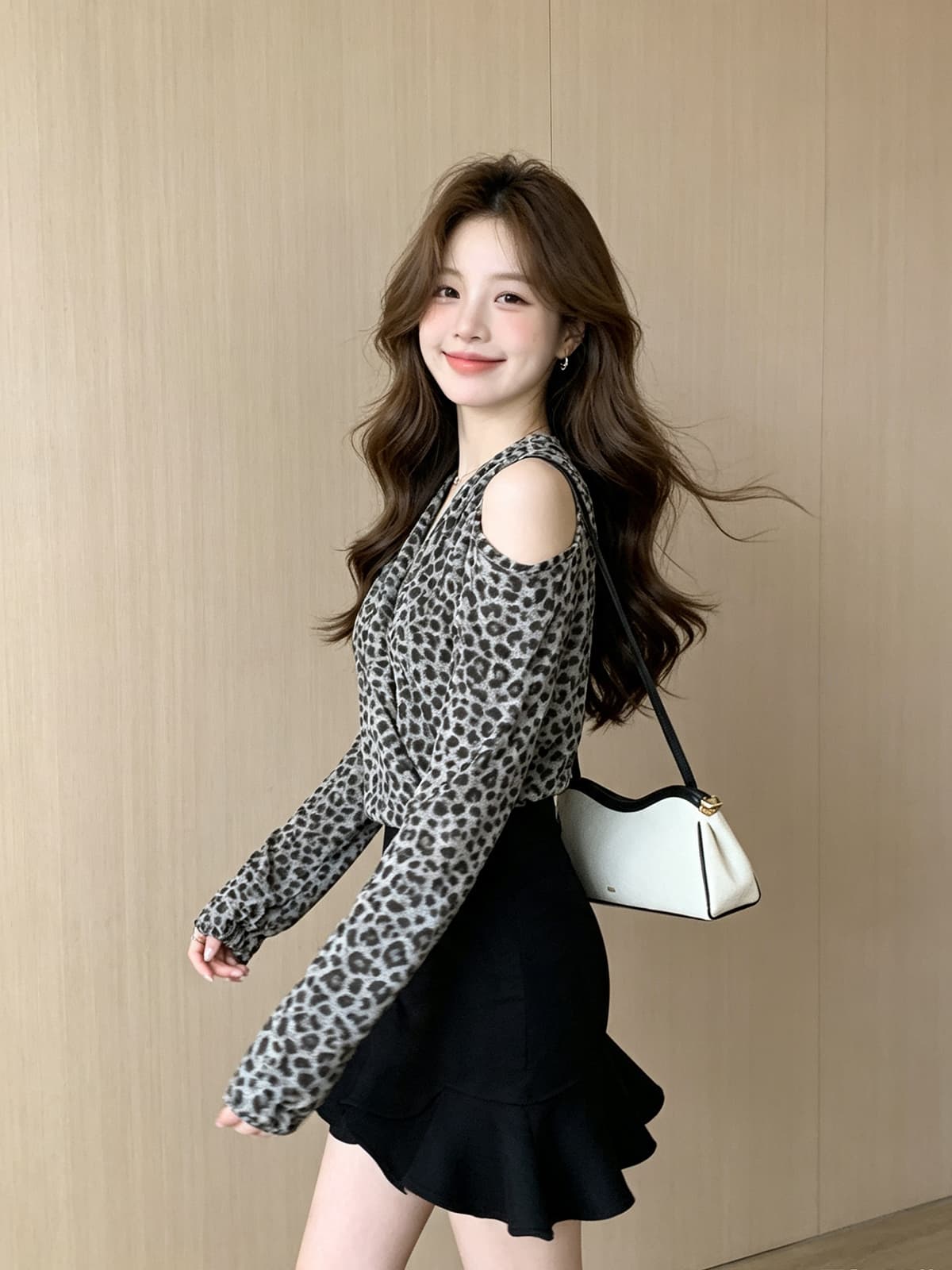 홍콩 스타일 홀로우 아웃 오프숄더 V넥 긴팔 레오파드 무늬 쉬폰 여성 셔츠 가을 새로운 허리 수축 슬림해 보이는 벌룬 소매 맨위 상세 이미지 11