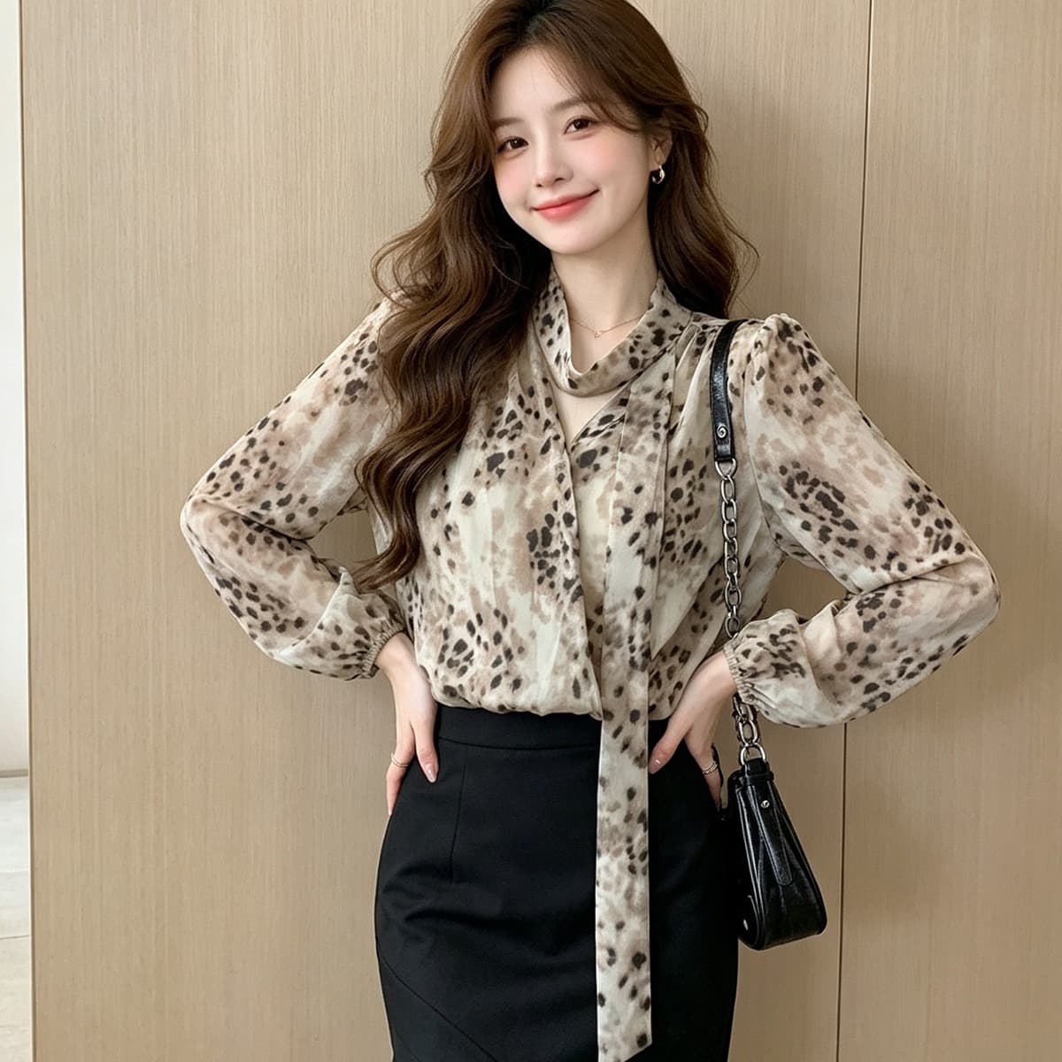 홍콩 스타일 레트로 프린트 리본 V넥 긴팔 여성 셔츠 여름 디자인 센스 순수한 욕망 아름다운 허리 수축 섹시함 맨위 이미지 5
