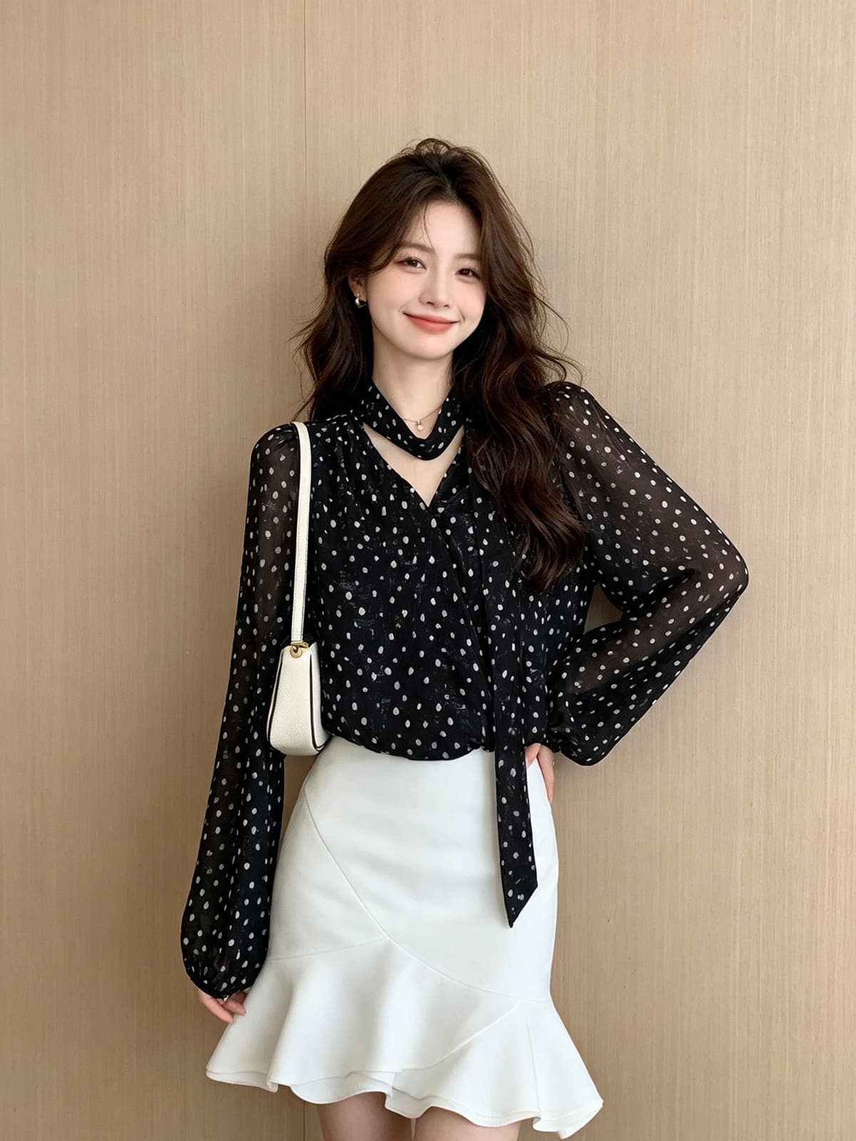 홍콩 스타일 레트로 프린트 리본 V넥 긴팔 여성 셔츠 여름 디자인 센스 순수한 욕망 아름다운 허리 수축 섹시함 맨위 상세 이미지 4