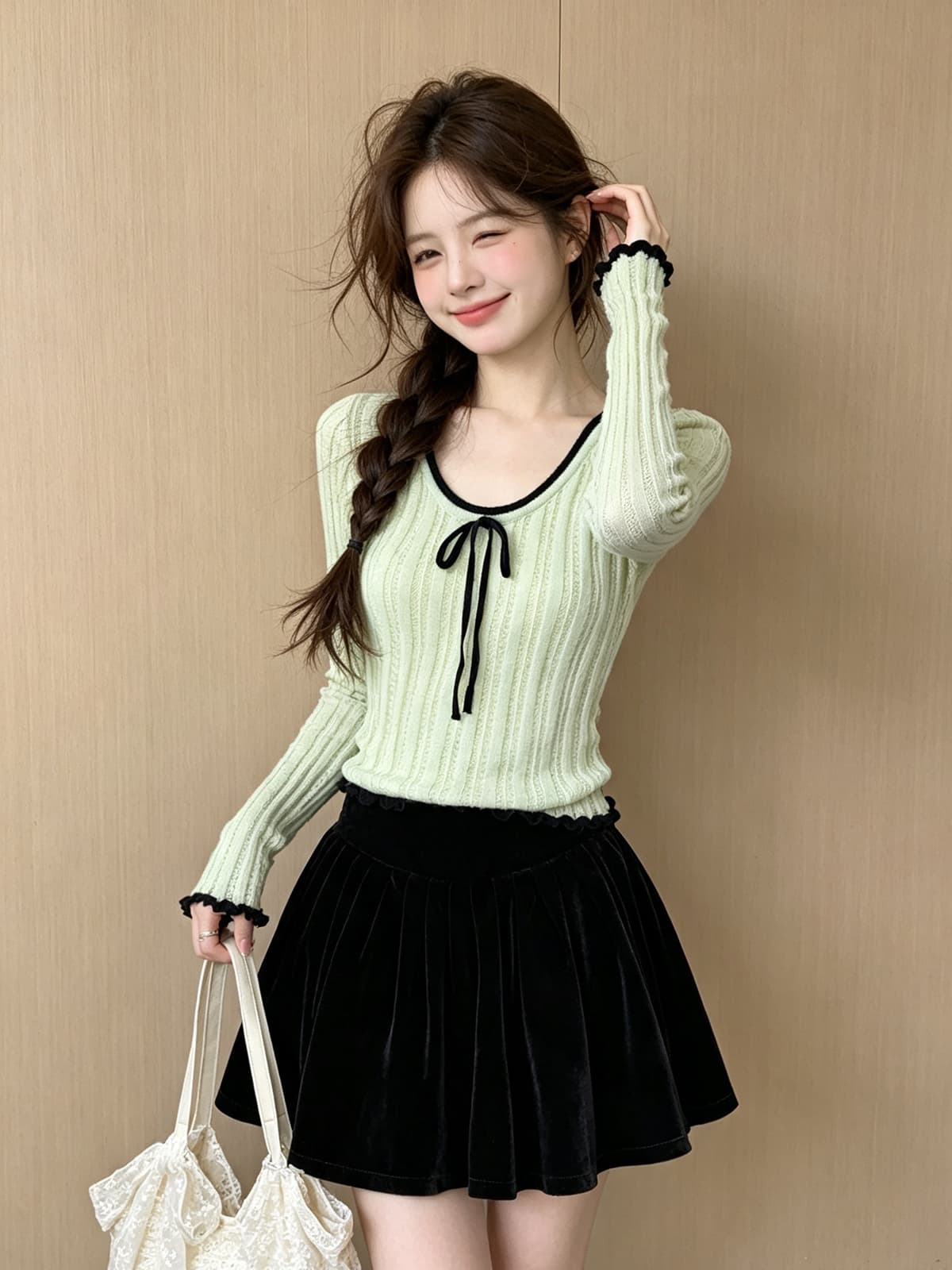 한 부서 달콤한 스타일 단색 나비 넥타이 긴팔 니트 스웨터 가을 새로운 배색 측면 연꽃 잎 커프스 단추 맨위 이미지 2