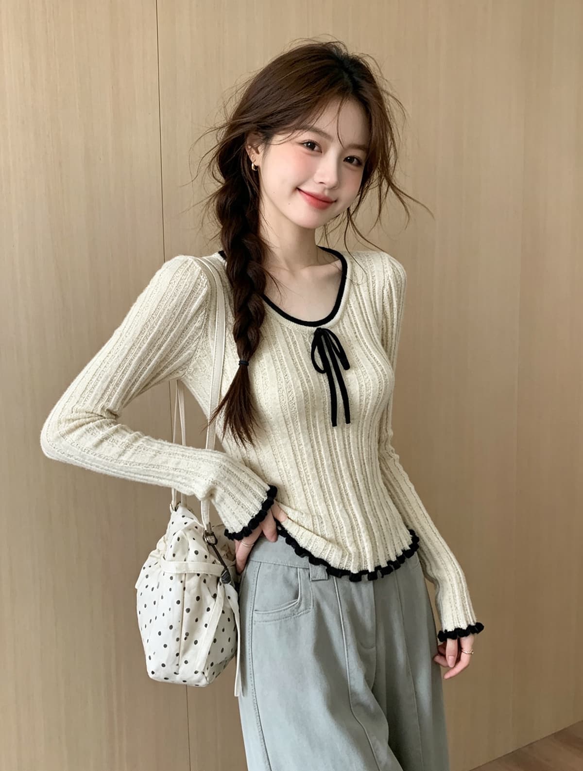 한 부서 달콤한 스타일 단색 나비 넥타이 긴팔 니트 스웨터 가을 새로운 배색 측면 연꽃 잎 커프스 단추 맨위