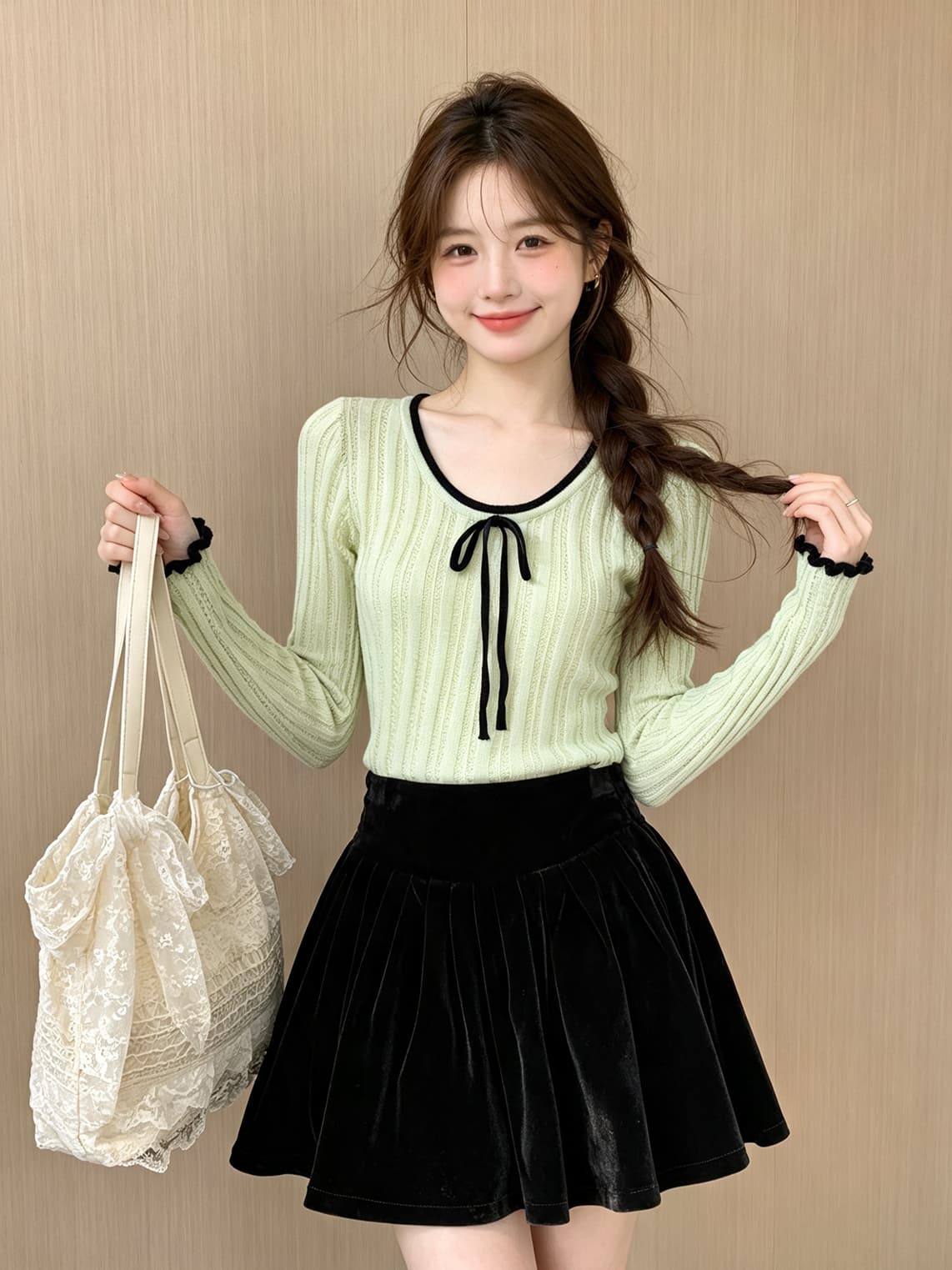 한 부서 달콤한 스타일 단색 나비 넥타이 긴팔 니트 스웨터 가을 새로운 배색 측면 연꽃 잎 커프스 단추 맨위 상세 이미지 3