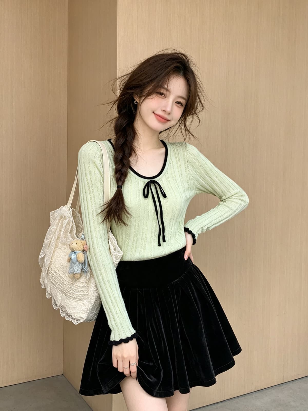 한 부서 달콤한 스타일 단색 나비 넥타이 긴팔 니트 스웨터 가을 새로운 배색 측면 연꽃 잎 커프스 단추 맨위 상세 이미지 4