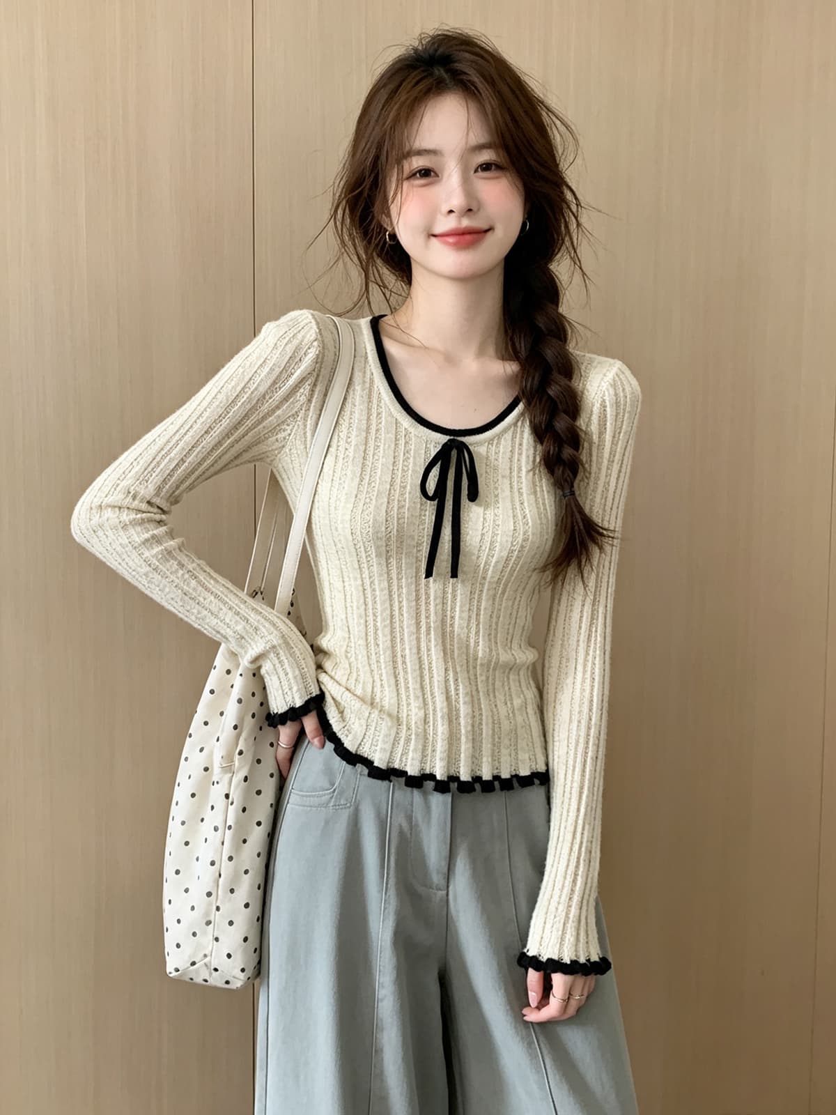 한 부서 달콤한 스타일 단색 나비 넥타이 긴팔 니트 스웨터 가을 새로운 배색 측면 연꽃 잎 커프스 단추 맨위 상세 이미지 6