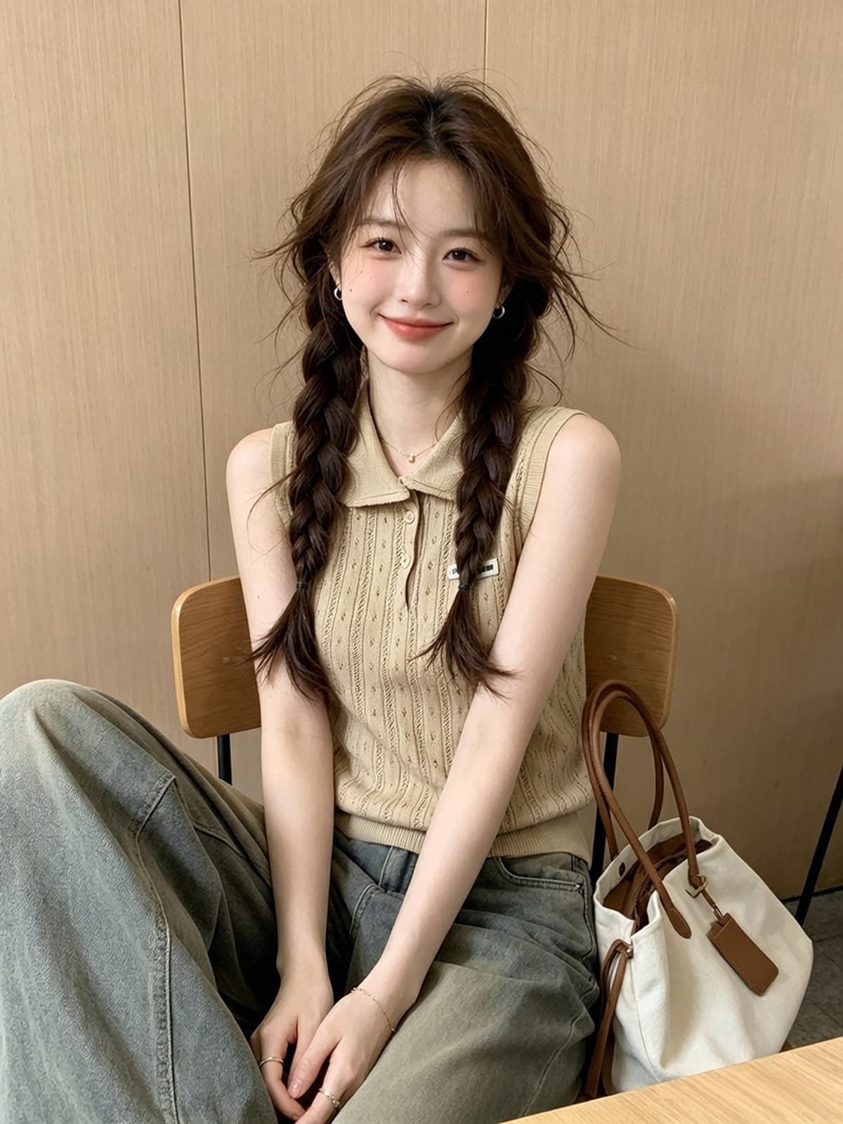 한 부서 학원 스타일 레트로 베이비 칼라 조끼 긴팔 오픈 가디건 투피스 세트 가을 새로운 몸매 가꾸기 연령 감소 니트 스웨터 이미지 4
