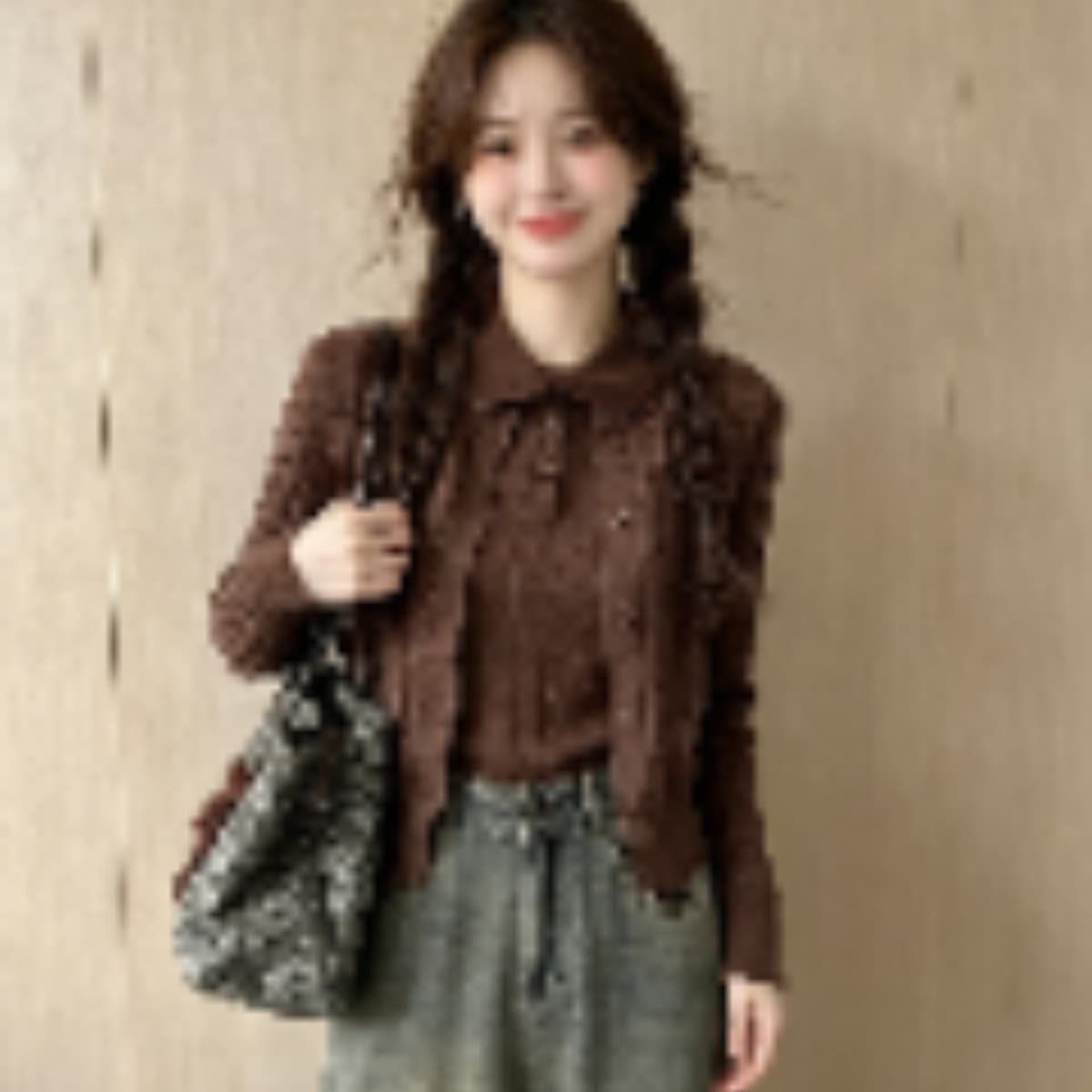 한 부서 학원 스타일 레트로 베이비 칼라 조끼 긴팔 오픈 가디건 투피스 세트 가을 새로운 몸매 가꾸기 연령 감소 니트 스웨터 이미지 5