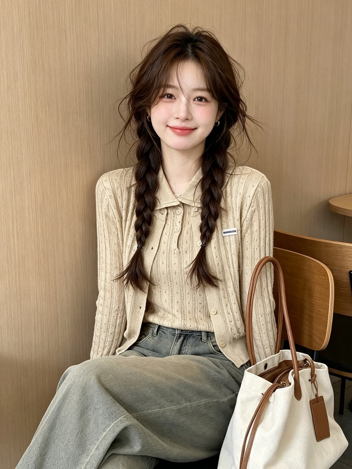 한 부서 학원 스타일 레트로 베이비 칼라 조끼 긴팔 오픈 가디건 투피스 세트 가을 새로운 몸매 가꾸기 연령 감소 니트 스웨터 상세 이미지 4