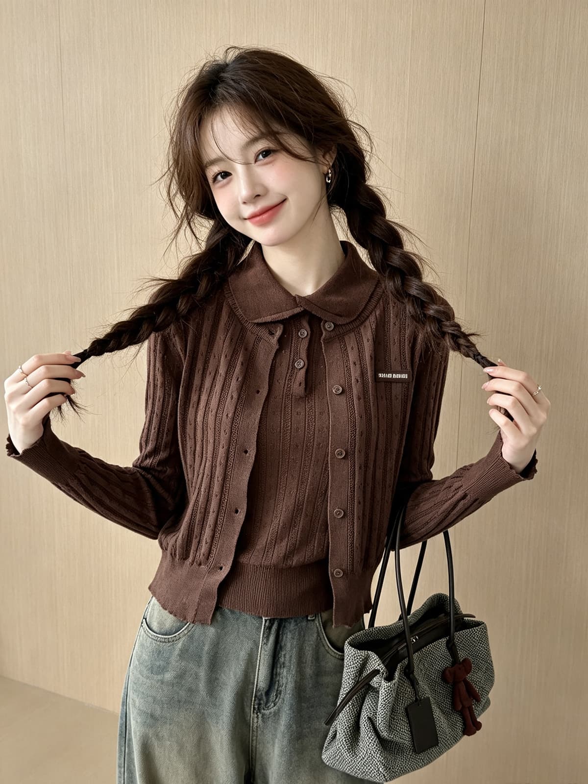 한 부서 학원 스타일 레트로 베이비 칼라 조끼 긴팔 오픈 가디건 투피스 세트 가을 새로운 몸매 가꾸기 연령 감소 니트 스웨터 상세 이미지 10