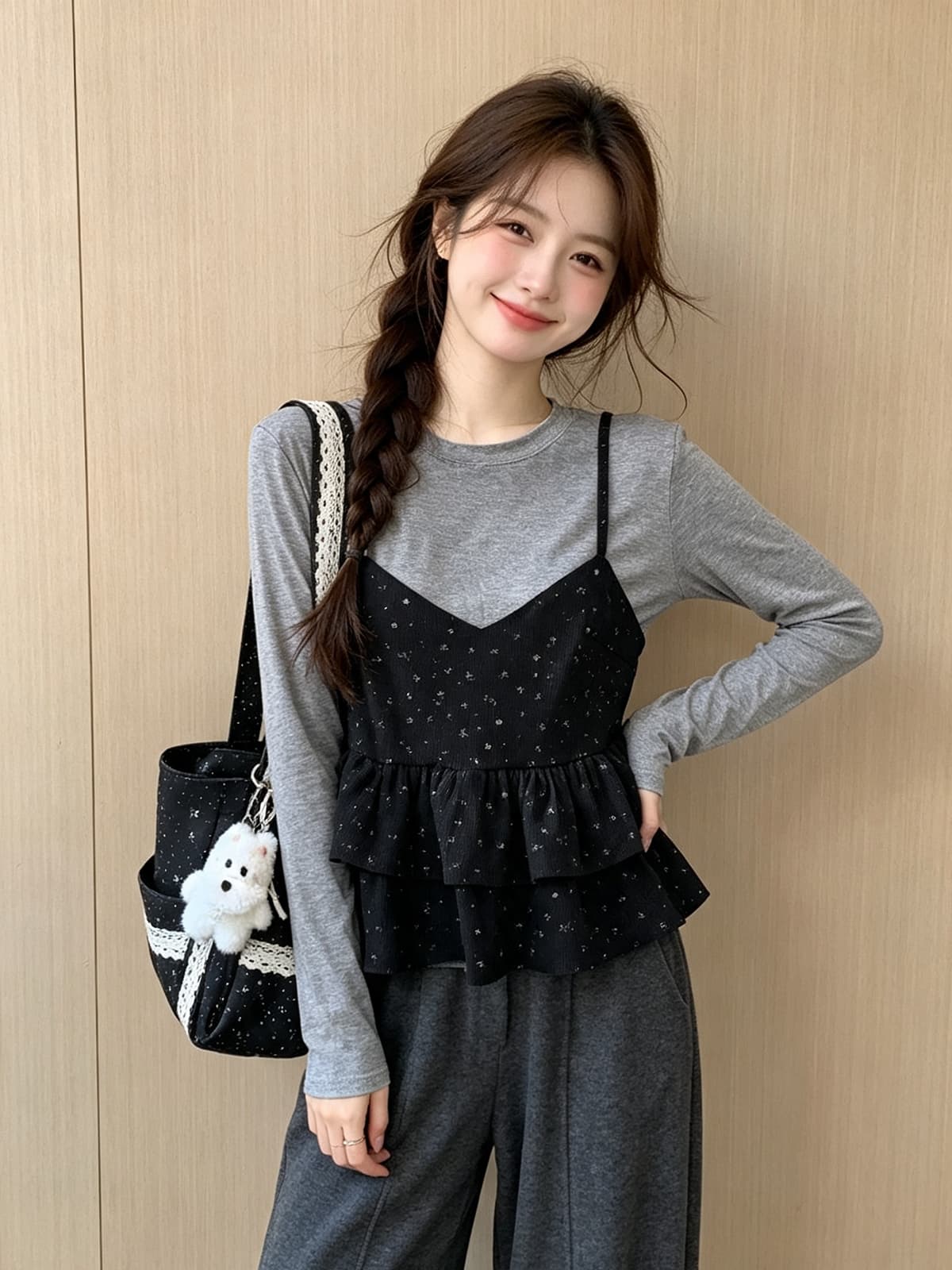 한 부서 프릴 꽃무늬 슬립 긴팔 티셔츠 투피스 세트 가을 새로운 스택 착용 연령 감소 슬림해 보이는 맨위 여성 상세 이미지 2