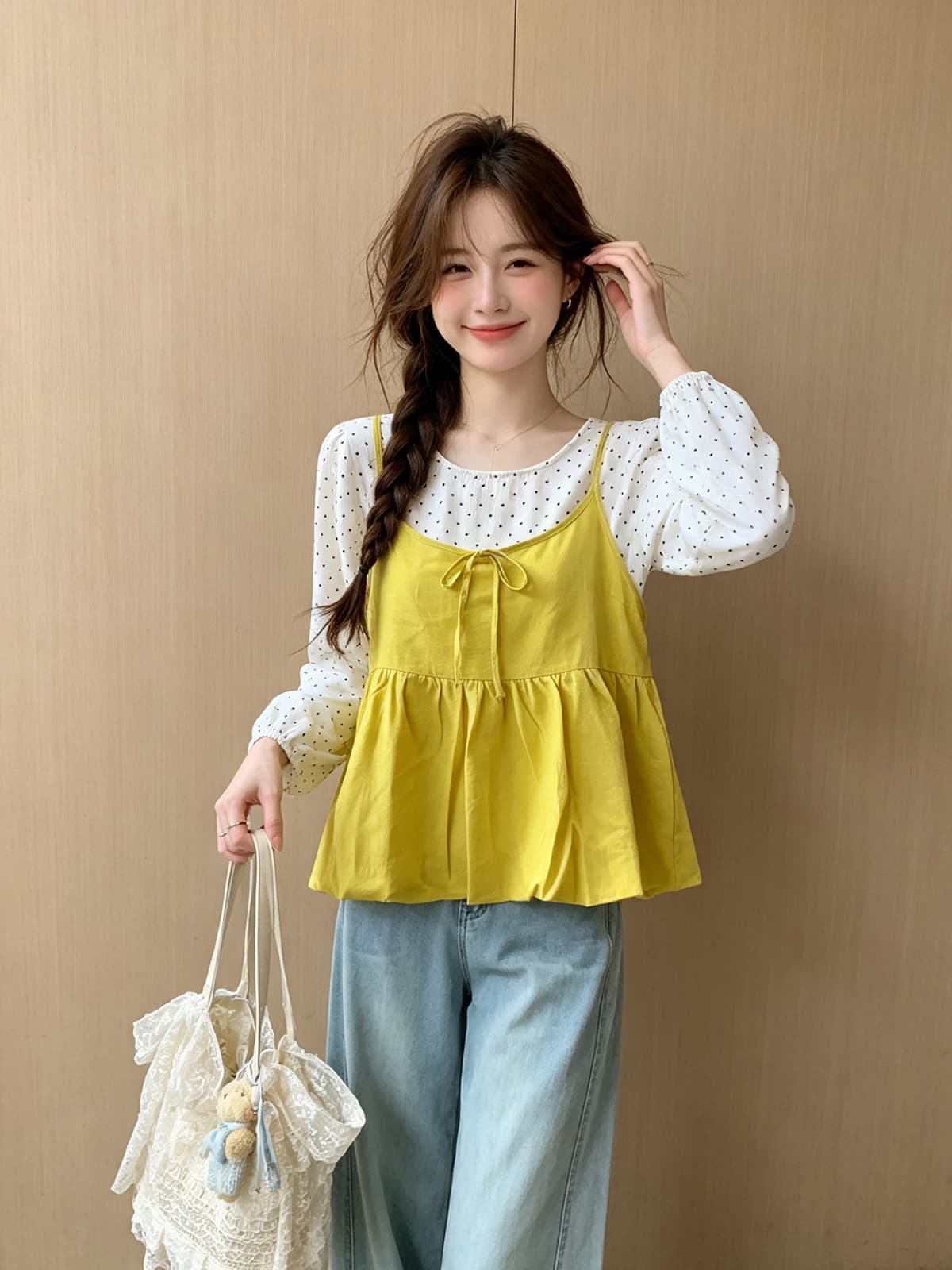 한 부서 부드러운 바람 달콤함 연령 감소 스택 착용 캐미솔 가을 새로운 루즈핏 슬림해 보이는 도트 무늬 셔츠 투피스 세트
