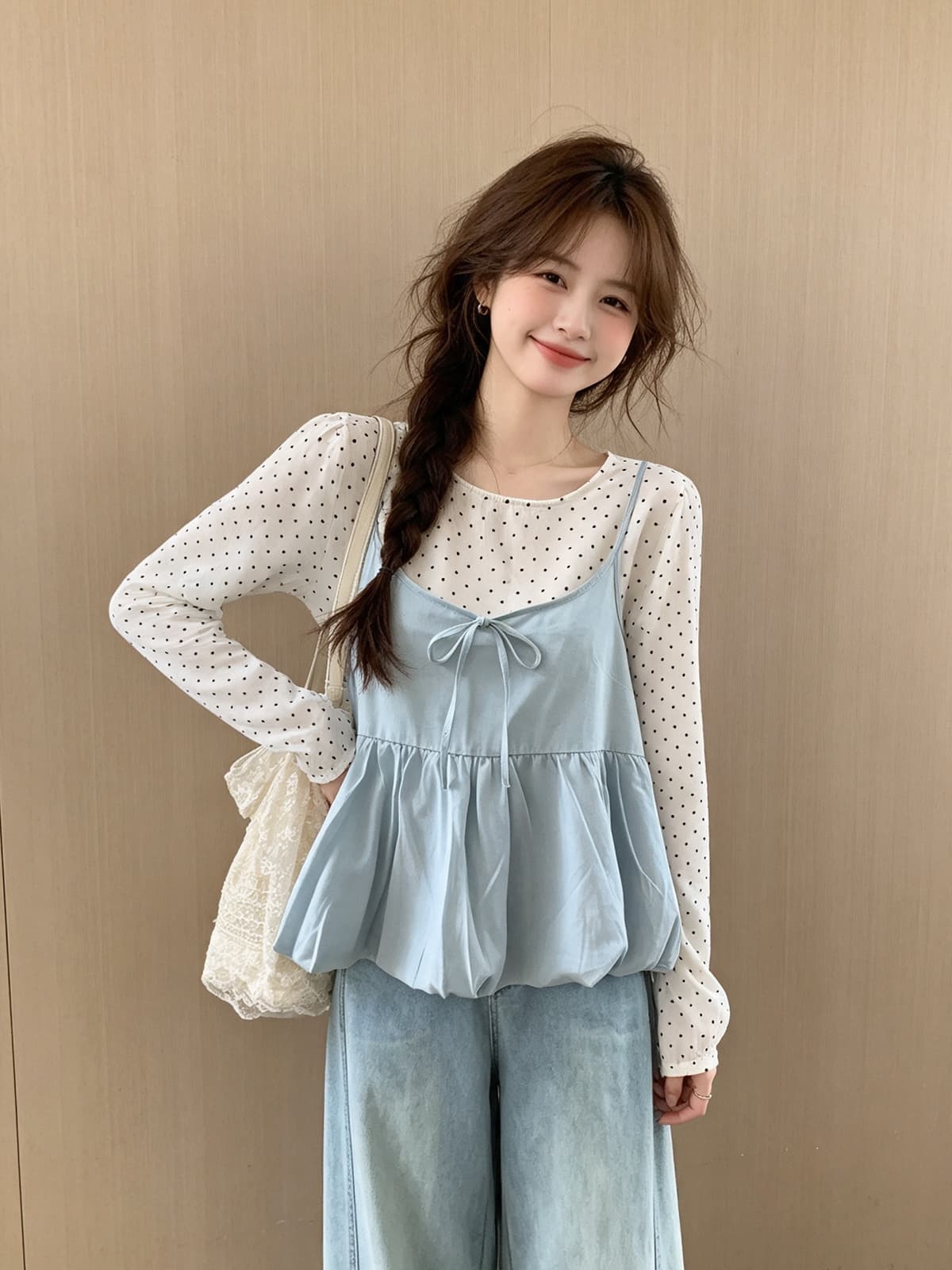 한 부서 부드러운 바람 달콤함 연령 감소 스택 착용 캐미솔 가을 새로운 루즈핏 슬림해 보이는 도트 무늬 셔츠 투피스 세트 이미지 2